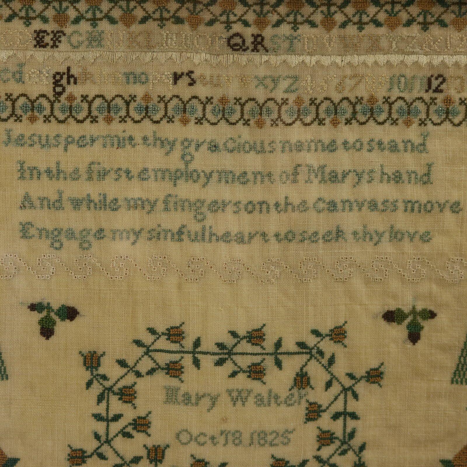 Silk Antique Sampler, 1825, by Mary Walter For Sale