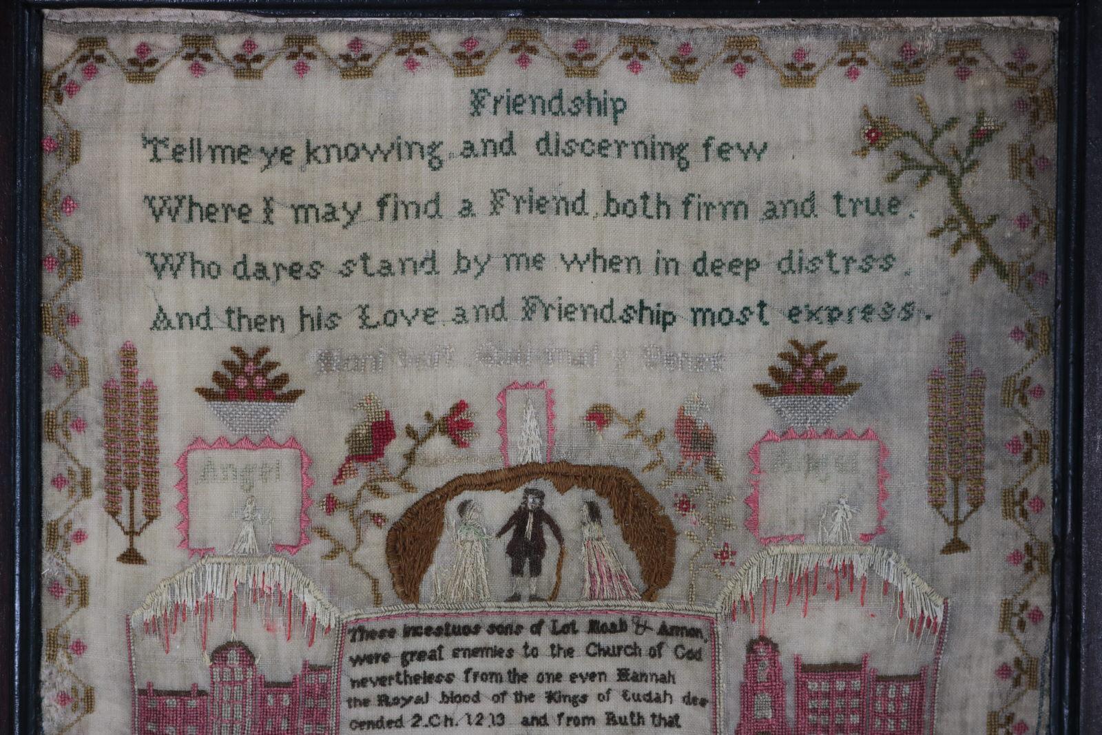 1830 Sampler by Eliza Jones with Friendship verse. The sampler is worked in wool and silk on linen ground, in a variety of stitches. Meandering strawberry border. Colours red, light brown, pink, blue and green. Verse entitled 'Friendship' reads,