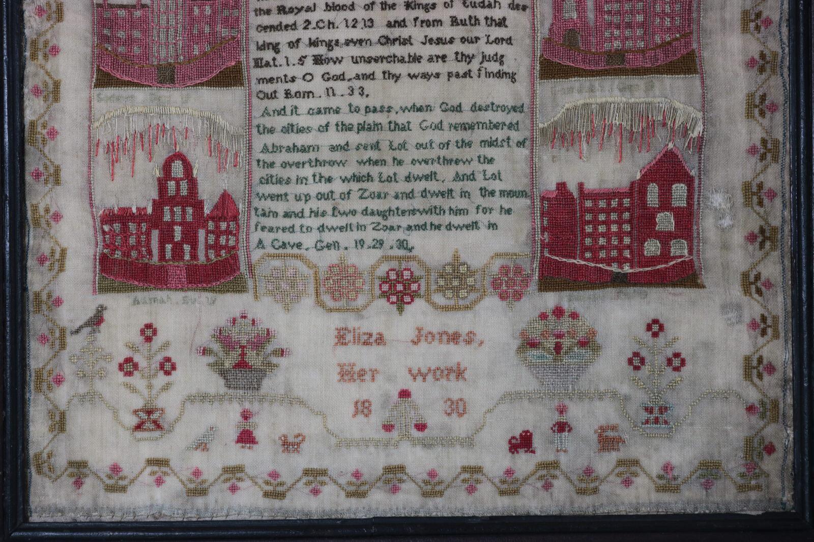 Sampler antiguo, 1830, por Eliza Jones, Amistad en Bastante bueno estado para la venta en Chelmsford, Essex