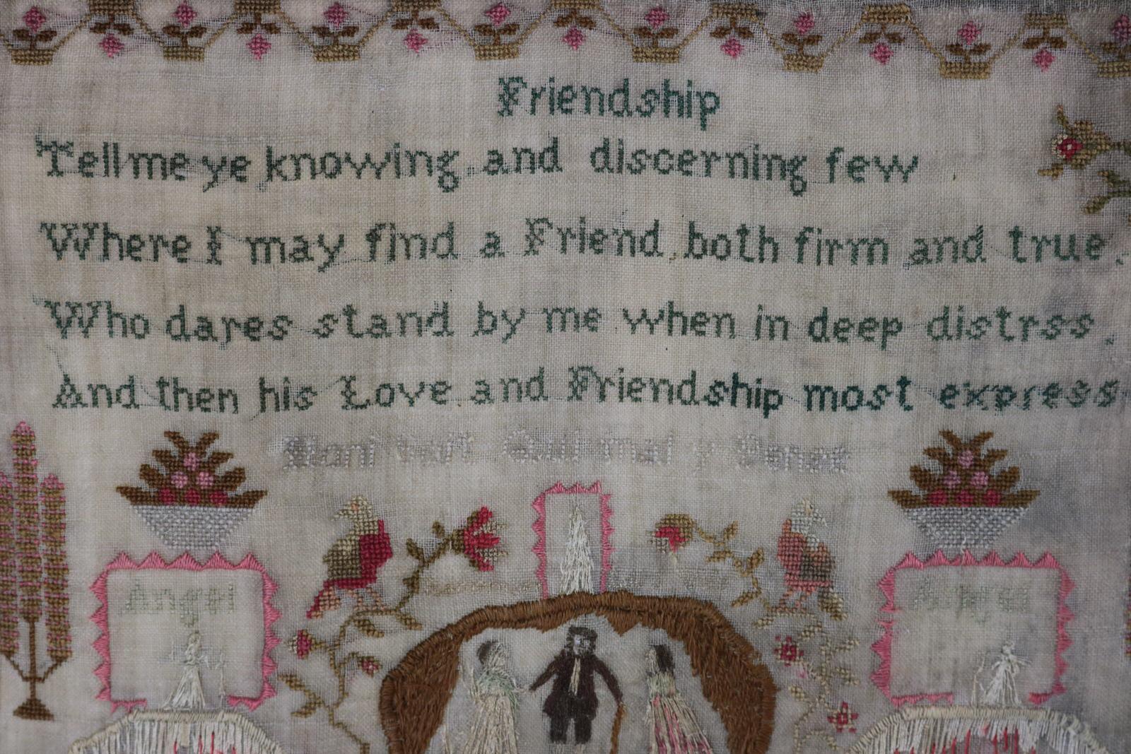 Sampler antiguo, 1830, por Eliza Jones, Amistad Mediados del siglo XIX en venta