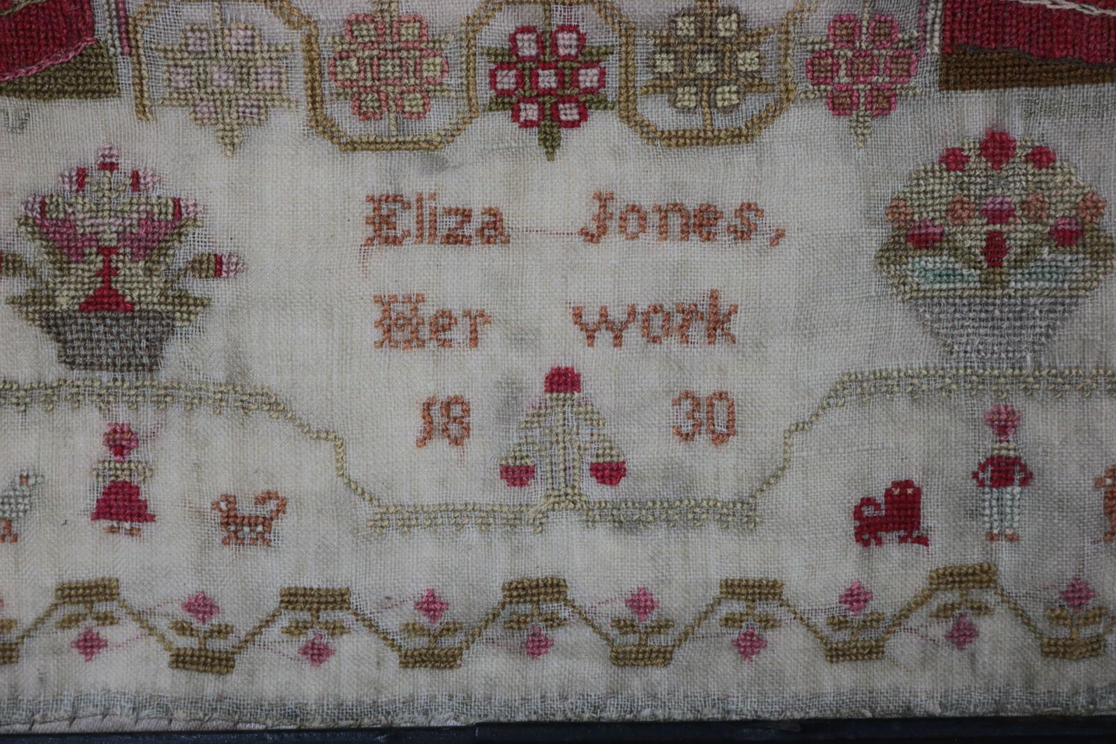 Sampler antiguo, 1830, por Eliza Jones, Amistad Seda en venta