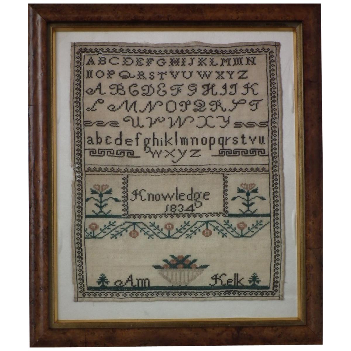 Antique Sampler, 1834 by Ann Kelk For Sale