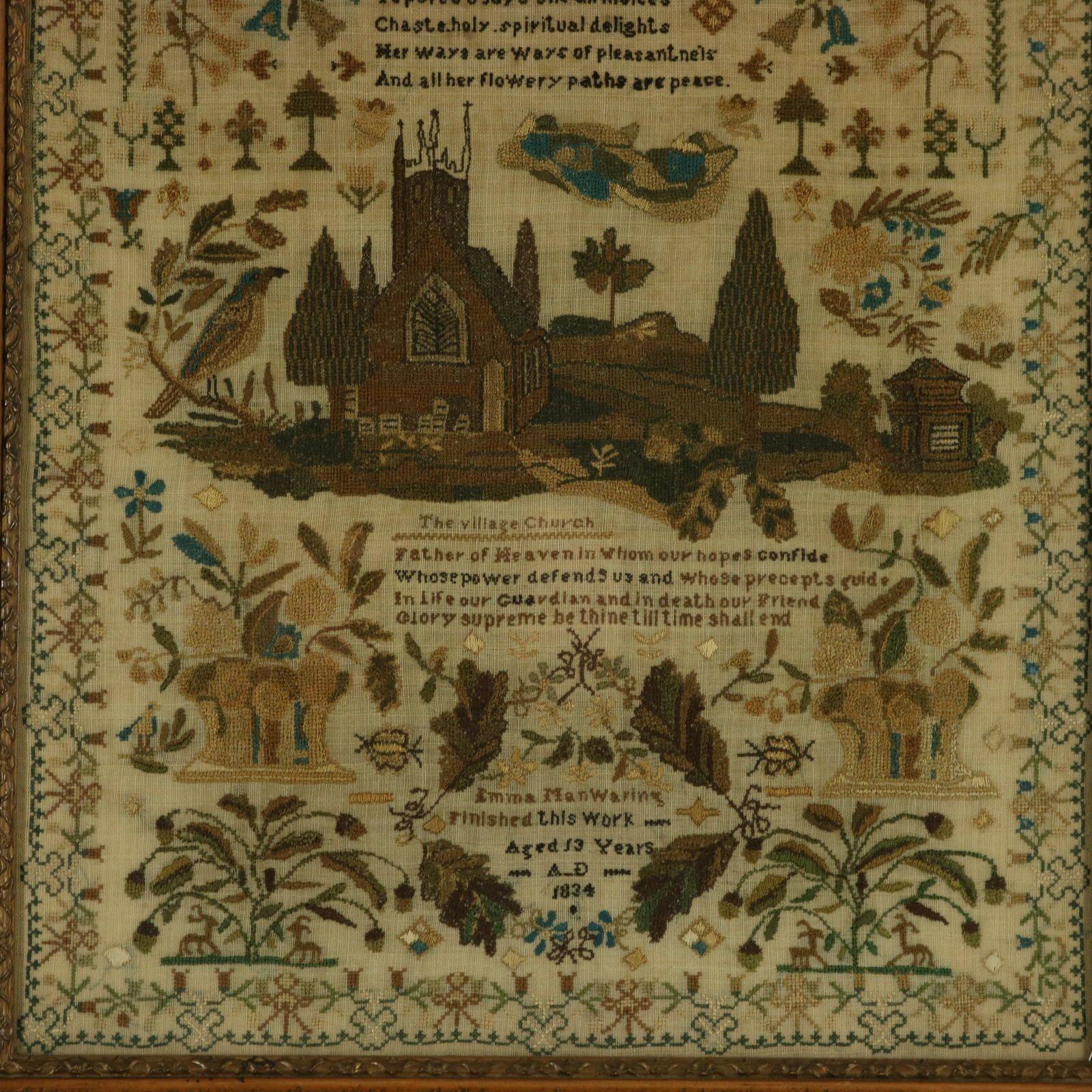 Antique Sampler, 1834, by Emma ManWaring In Excellent Condition In Chelmsford, Essex
