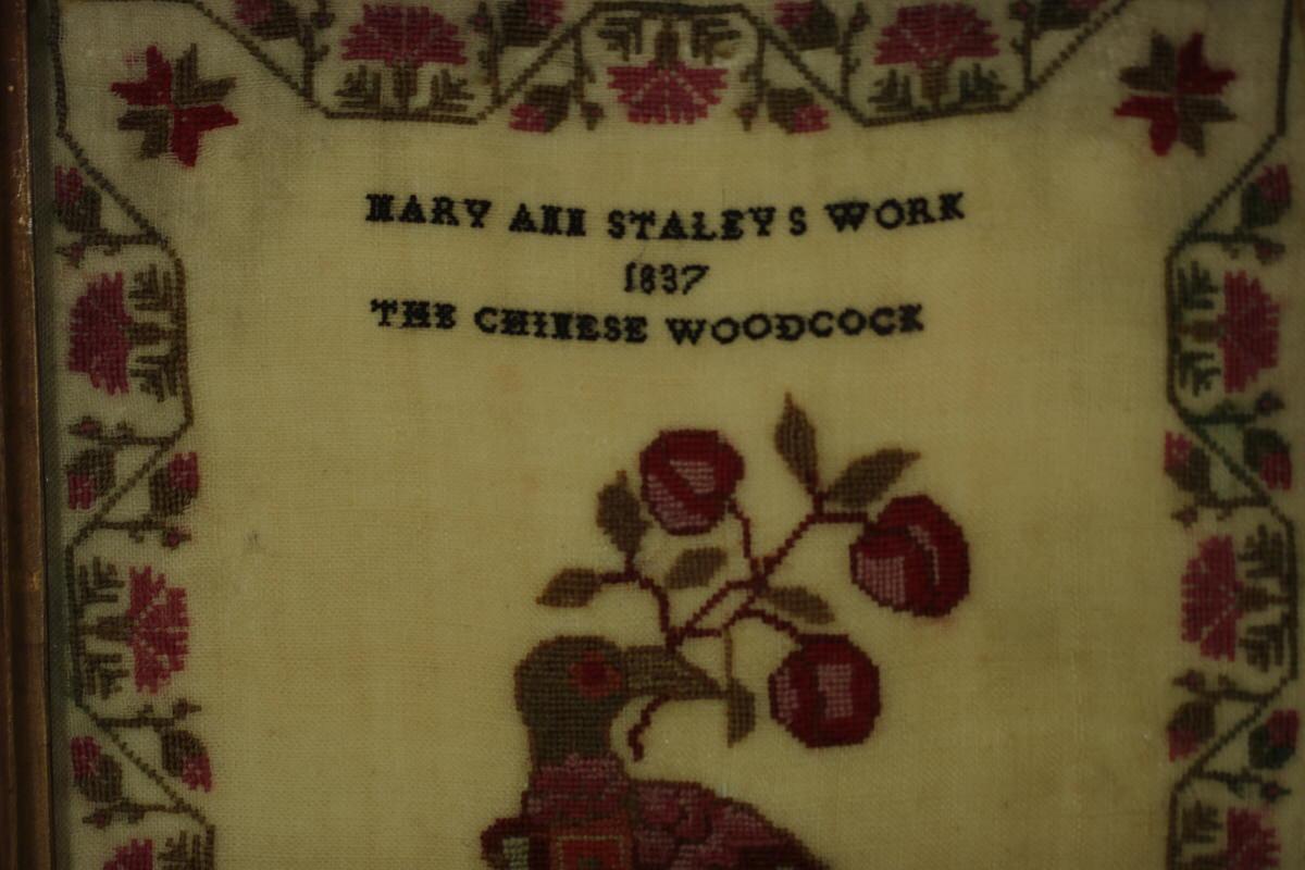 Victorian Antique Sampler, 1837, Woodcock by Mary Staley