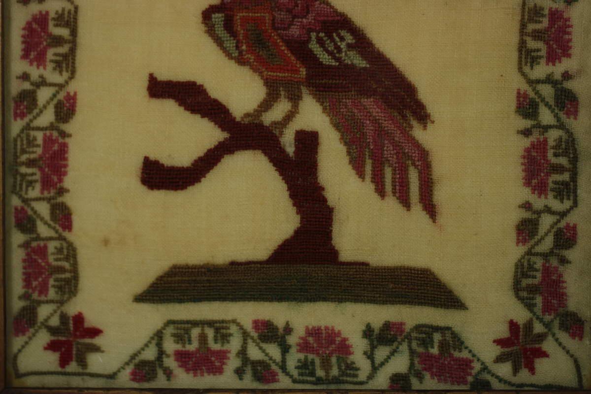 British Antique Sampler, 1837, Woodcock by Mary Staley