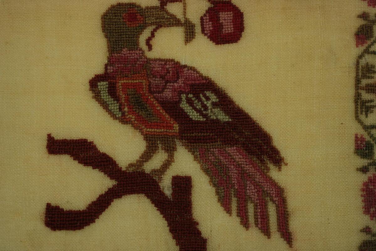 Linen Antique Sampler, 1837, Woodcock by Mary Staley