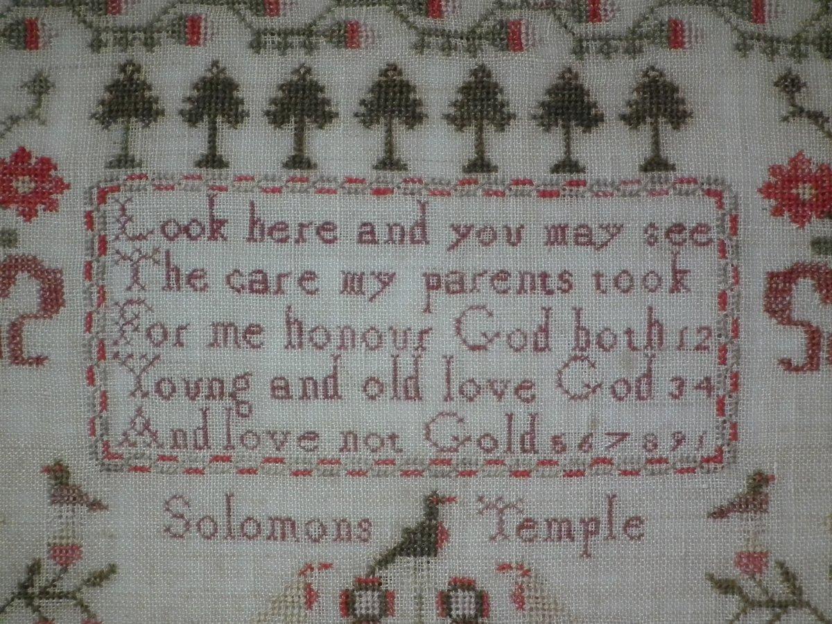 Antique sampler, 1838, Mary Routh. The sampler is worked in wool and silk on linen ground, in a variety of stitches. Meandering floral border. Colours green, cream, red, yellow, black, brown and blue. Numbers 1-9 Verse reads, 'Look here and you may