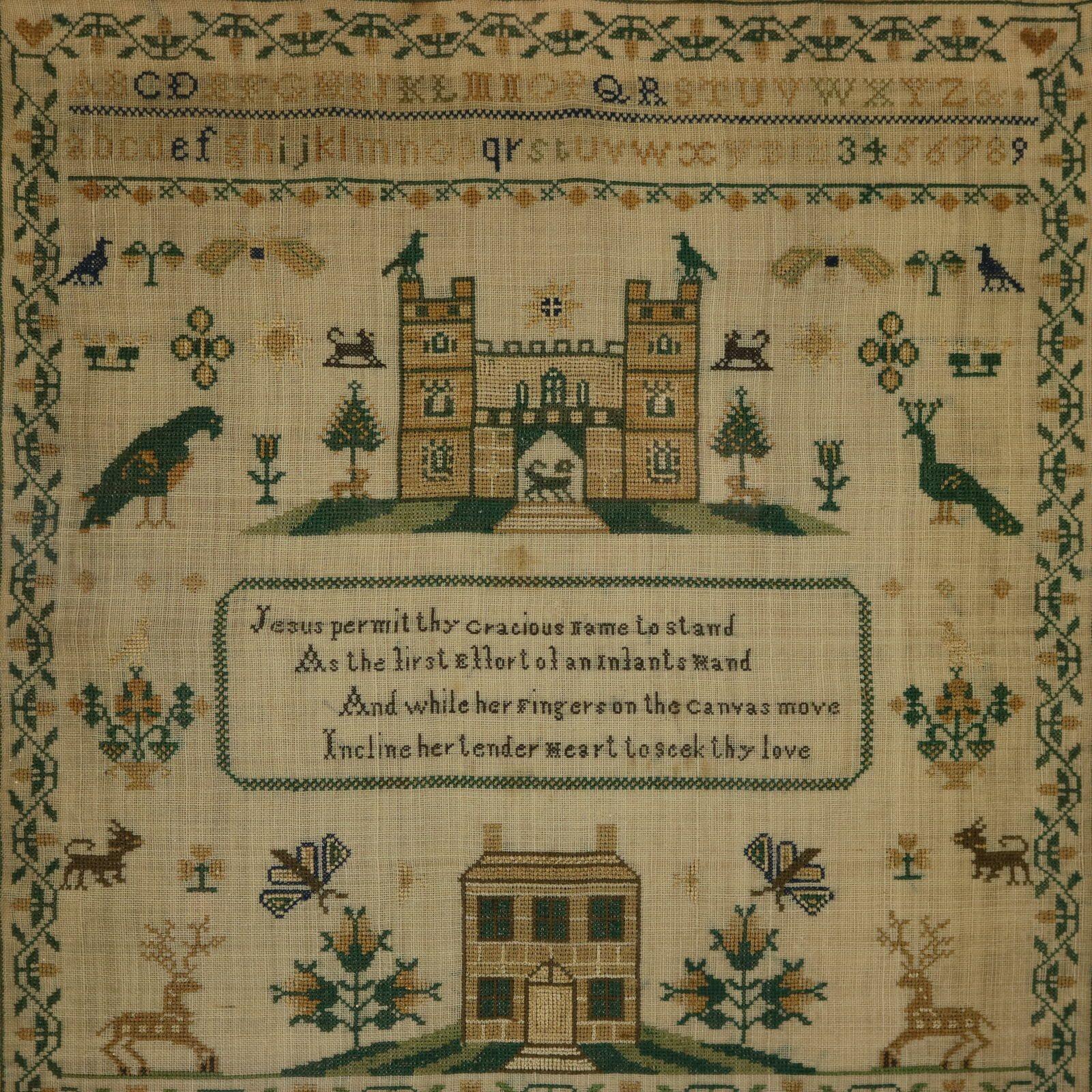 Victorian Sampler, 1840, By Elizabeth Ann Fox. The sampler is worked in silk threads on a linen ground, mainly in cross stitch. Meandering strawberry border. Colours green, dark brown, copper, gold, silver, black and blue. Alphabets A-Z in upper