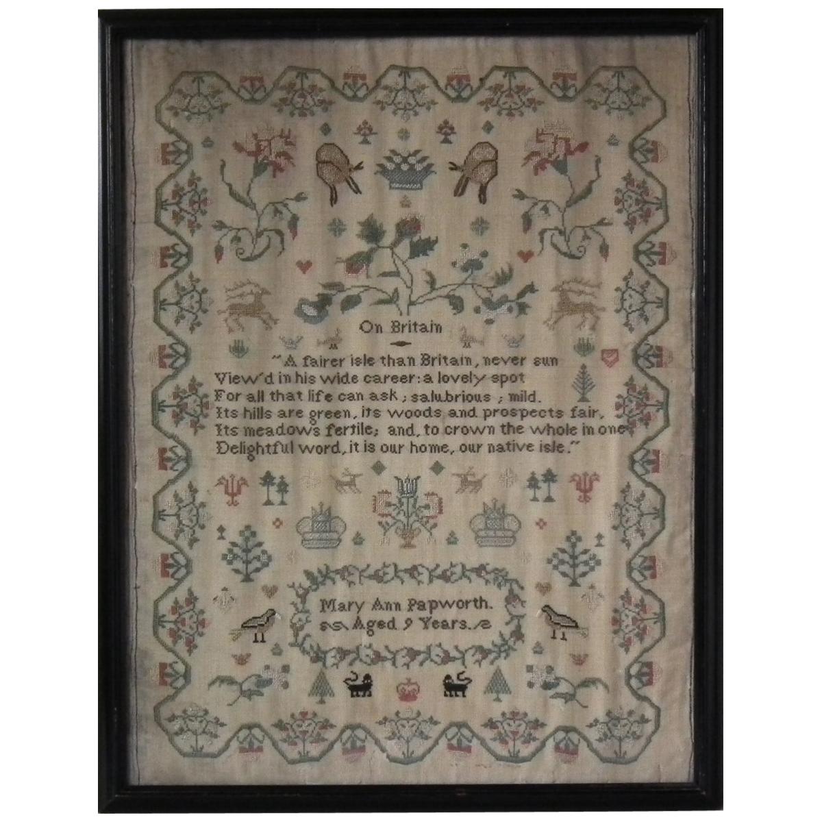 Antique Sampler, circa 1830, Mary Ann Papworth, on Britain