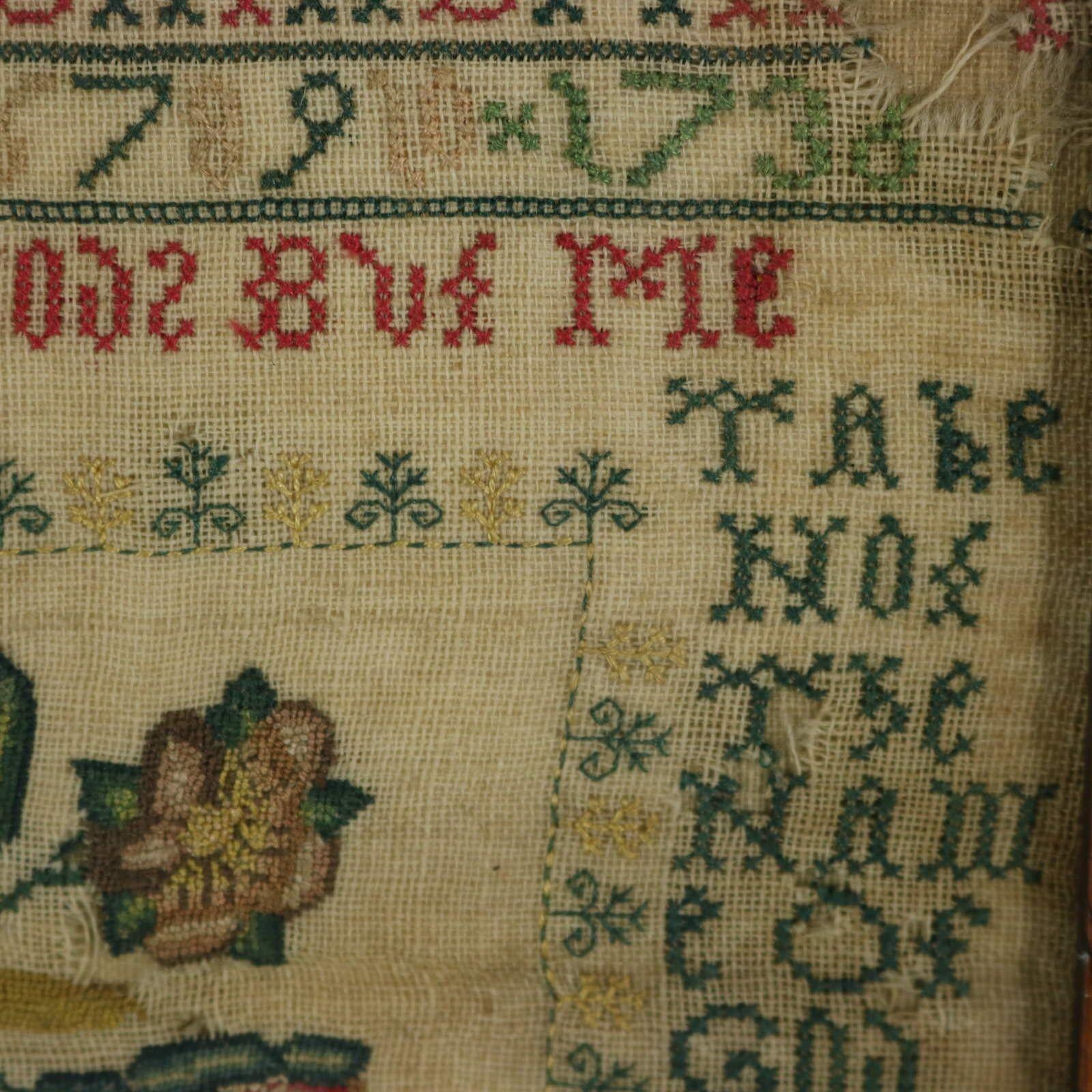 Silk Antique Sampler Stitched in 1736, Scottish For Sale