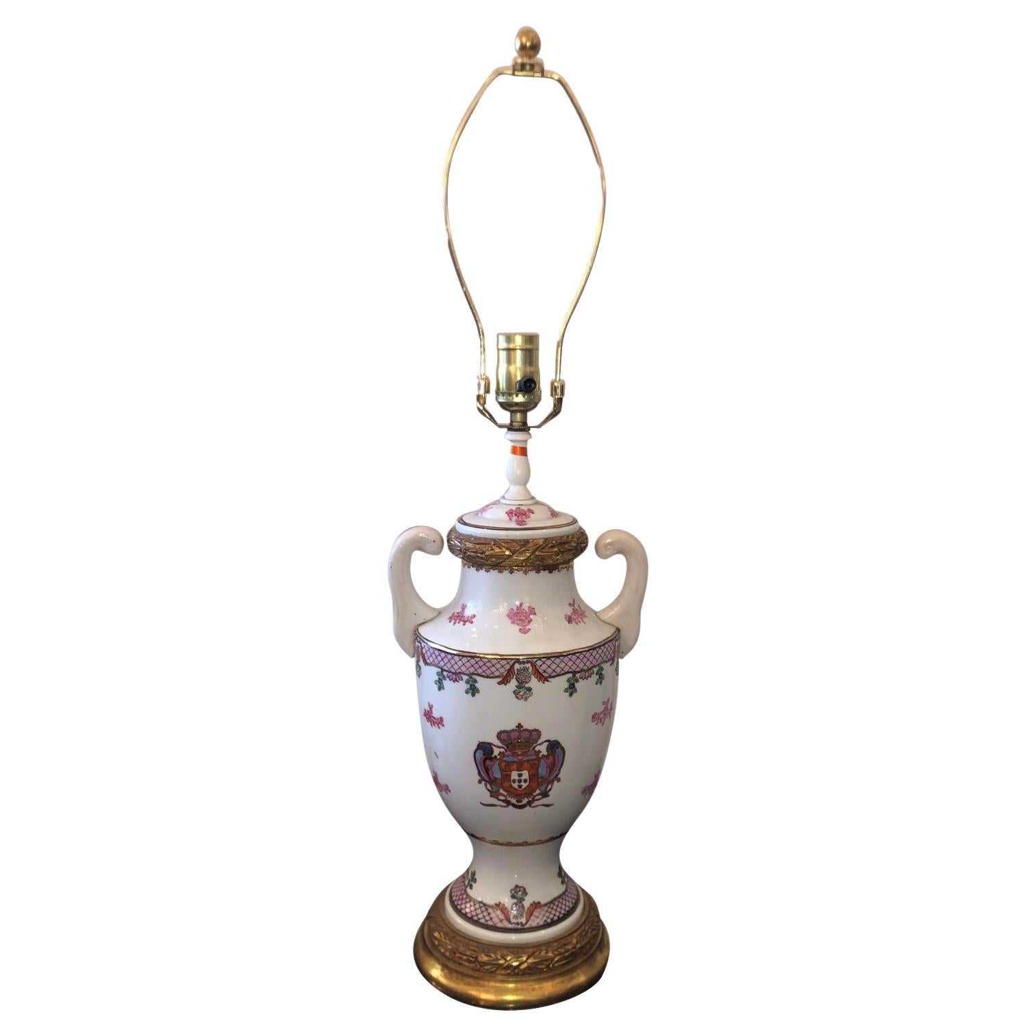 Antique Samson French Porcelain Vase, Chinese Armorial Crest Table Lamp For Sale