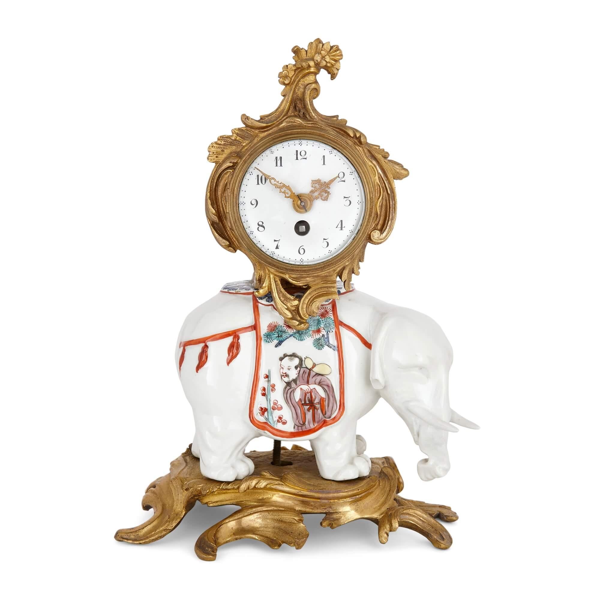 Antique Samson porcelain and ormolu Chinoiserie elephant clock 
French, Late 19th Century 
Height 24cm, width 17cm, depth 13cm

This exquisite and delicate clock typifies the European fascination in the 19th century with Chinese art and Orientalist