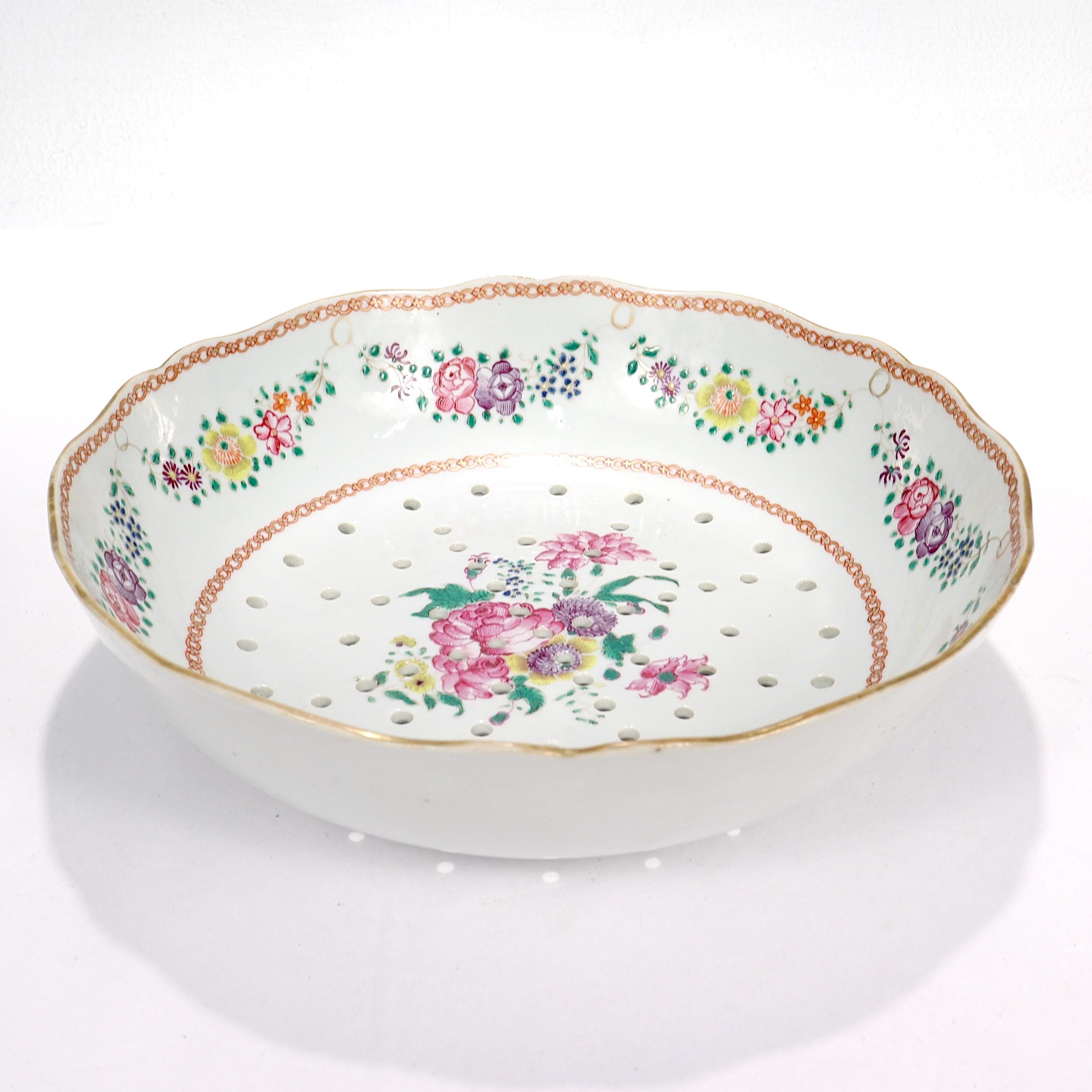French Antique Samson Porcelain Chinese Export Style Reticulated Fruit Bowl For Sale