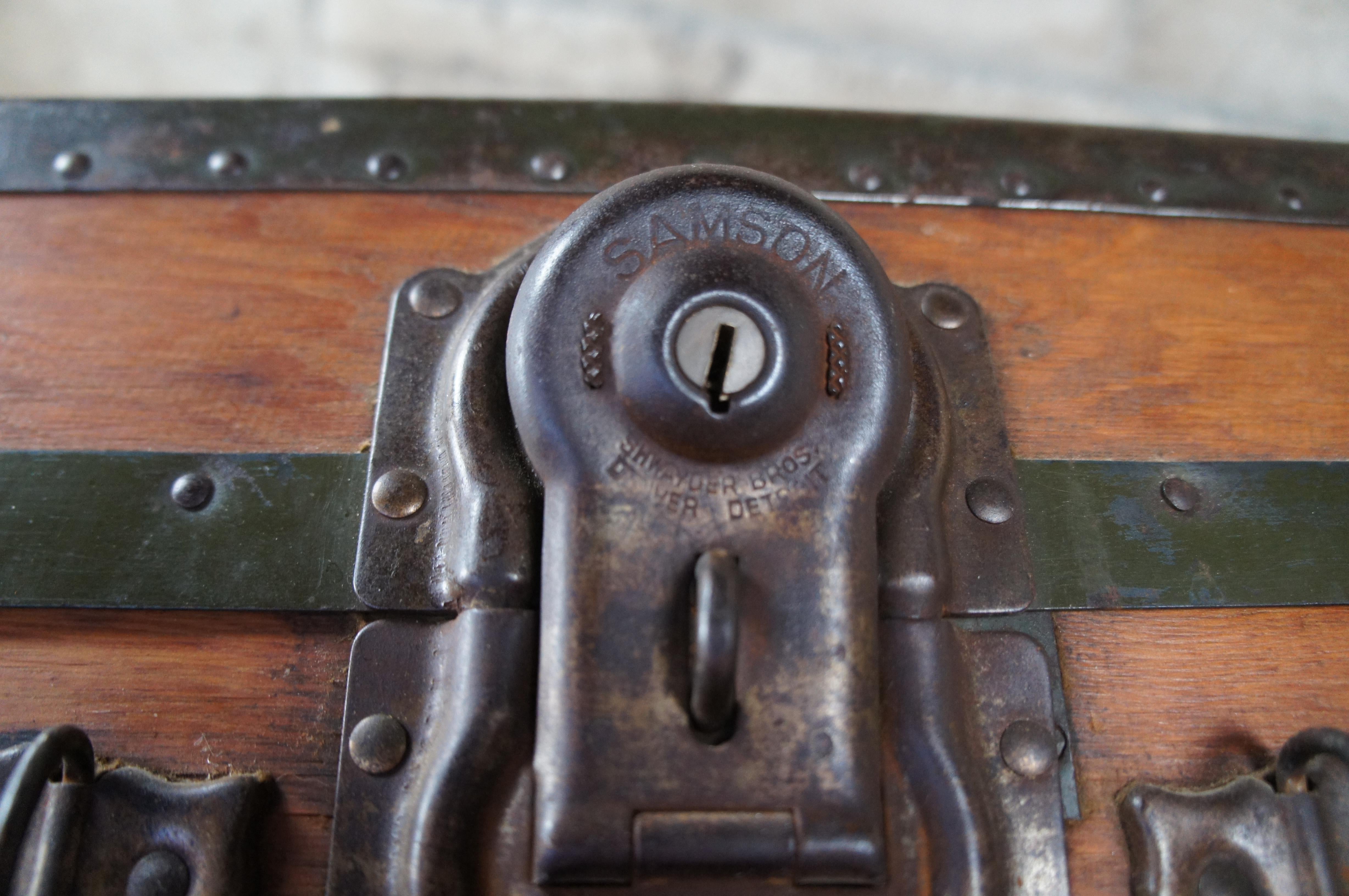 Antique Samson Shwayder Pine Metal Banded Steamer Trunk Travel Chest 35