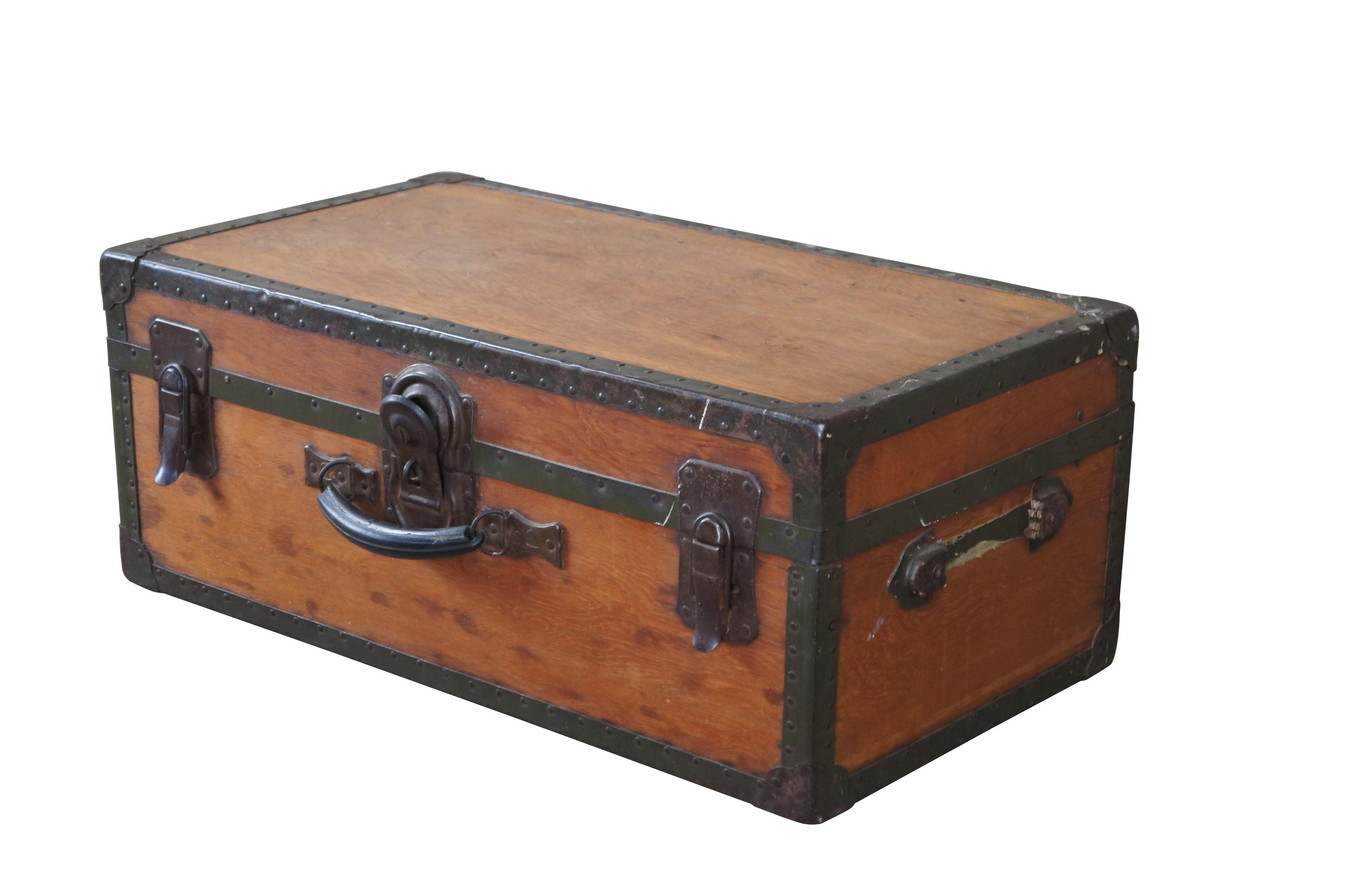 Antique Samson Shwayder Pine Metal Banded Steamer Trunk Travel Chest 35