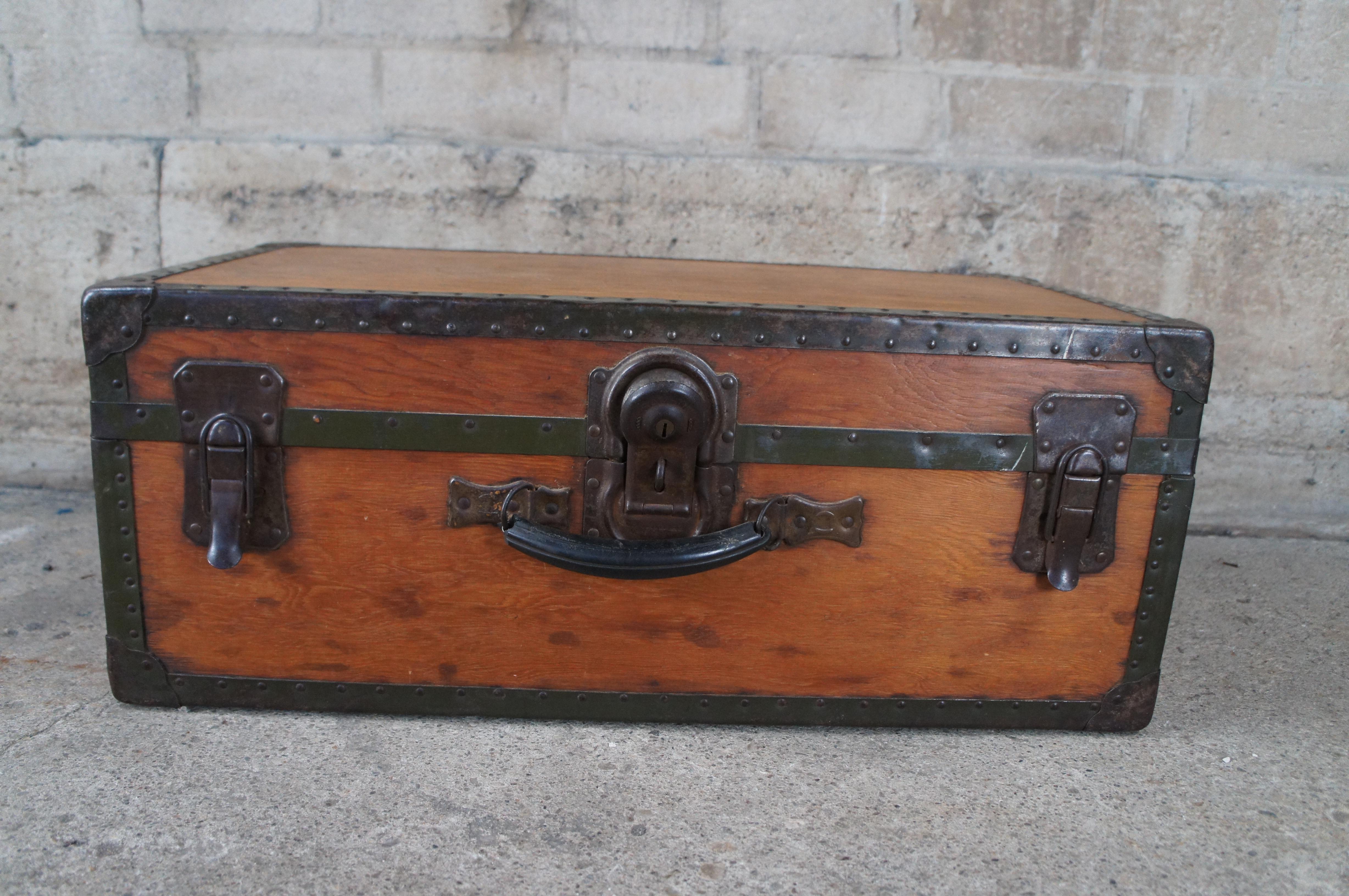 Antique Samson Shwayder Pine Metal Banded Steamer Trunk Travel Chest 35