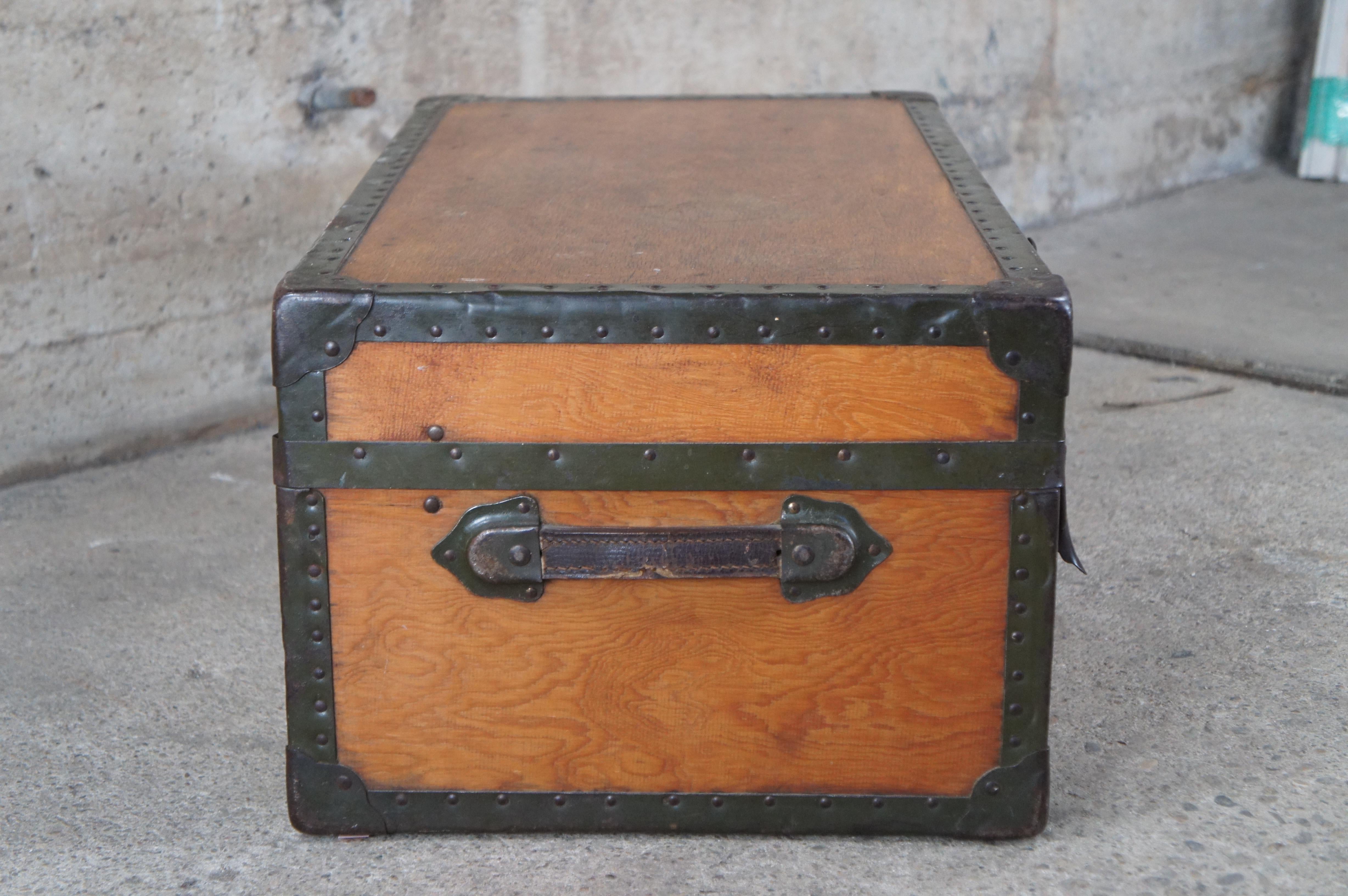 Antique Samson Shwayder Pine Metal Banded Steamer Trunk Travel Chest 35