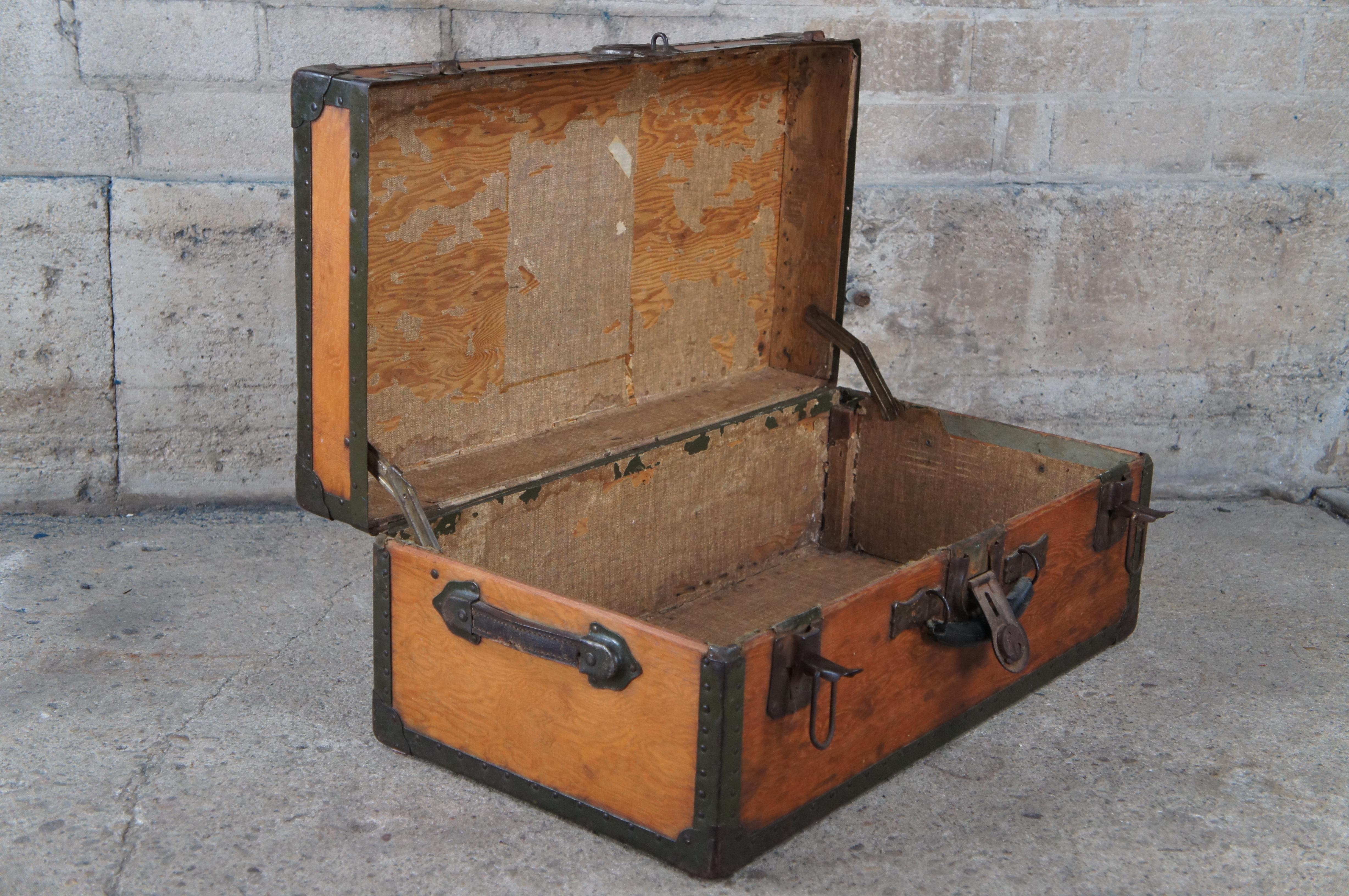Antique Samson Shwayder Pine Metal Banded Steamer Trunk Travel Chest 35