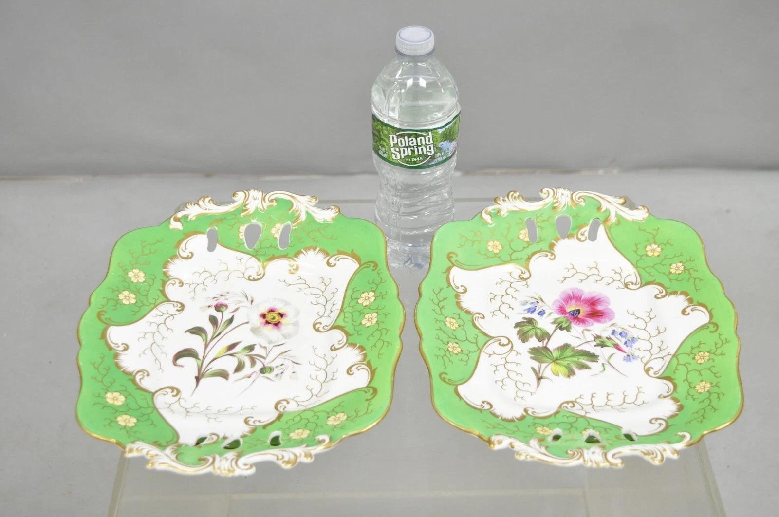 Antique Samuel Alcock Bone China Porcelain Dessert Plate Green w/ Flowers - Pair For Sale 4