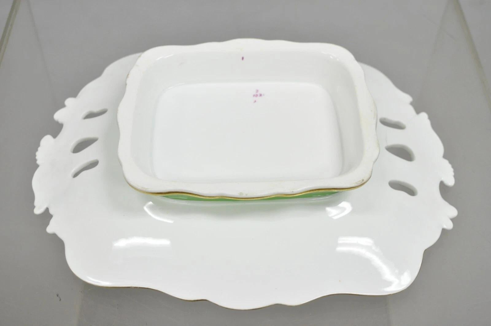 Antique Samuel Alcock Bone China Porcelain Dessert Plate Green w/ Flowers - Pair For Sale 5