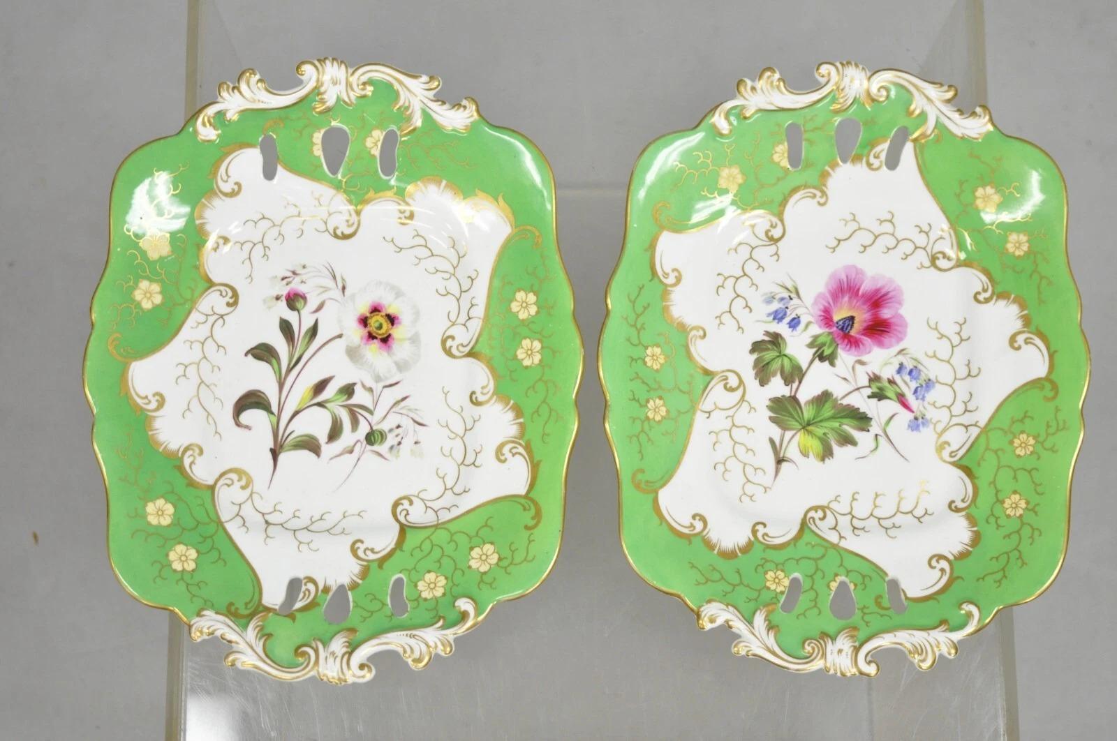 Antique Samuel Alcock Bone China Porcelain Dessert Plate Green w/ Flowers - Pair For Sale 6