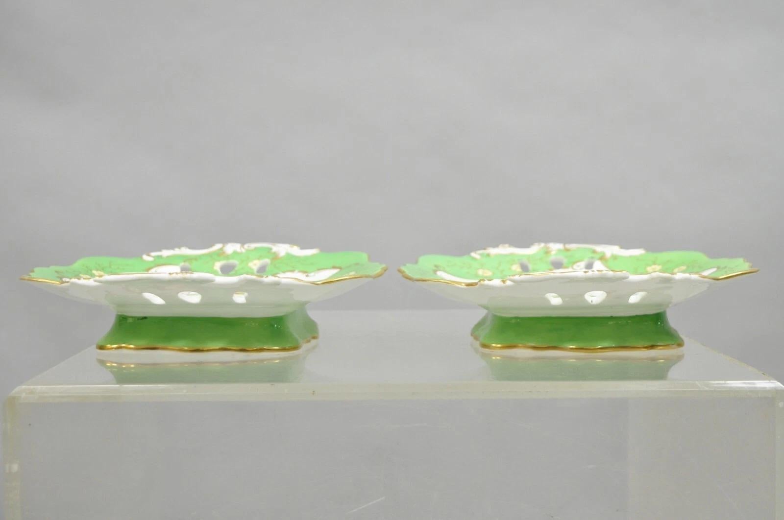 Antique Samuel Alcock Bone China Porcelain Dessert Plate, Green with Flowers in the French Rococo Style - a Pair. Circa Late 19th Century. Measurements: 2