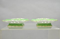 Antique Samuel Alcock Bone China Porcelain Dessert Plate Green w/ Flowers - Pair