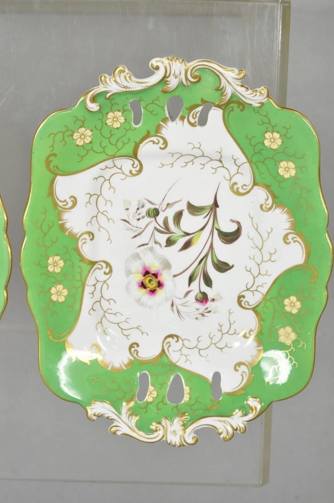 Other Antique Samuel Alcock Bone China Porcelain Dessert Plate Green w/ Flowers - Pair For Sale