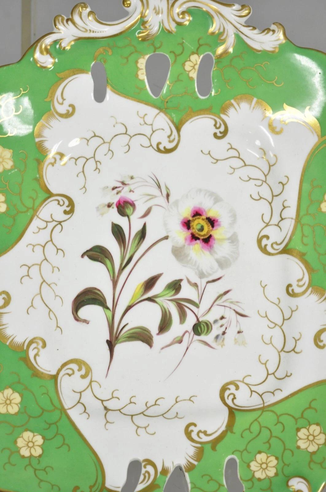 Unknown Antique Samuel Alcock Bone China Porcelain Dessert Plate Green w/ Flowers - Pair For Sale