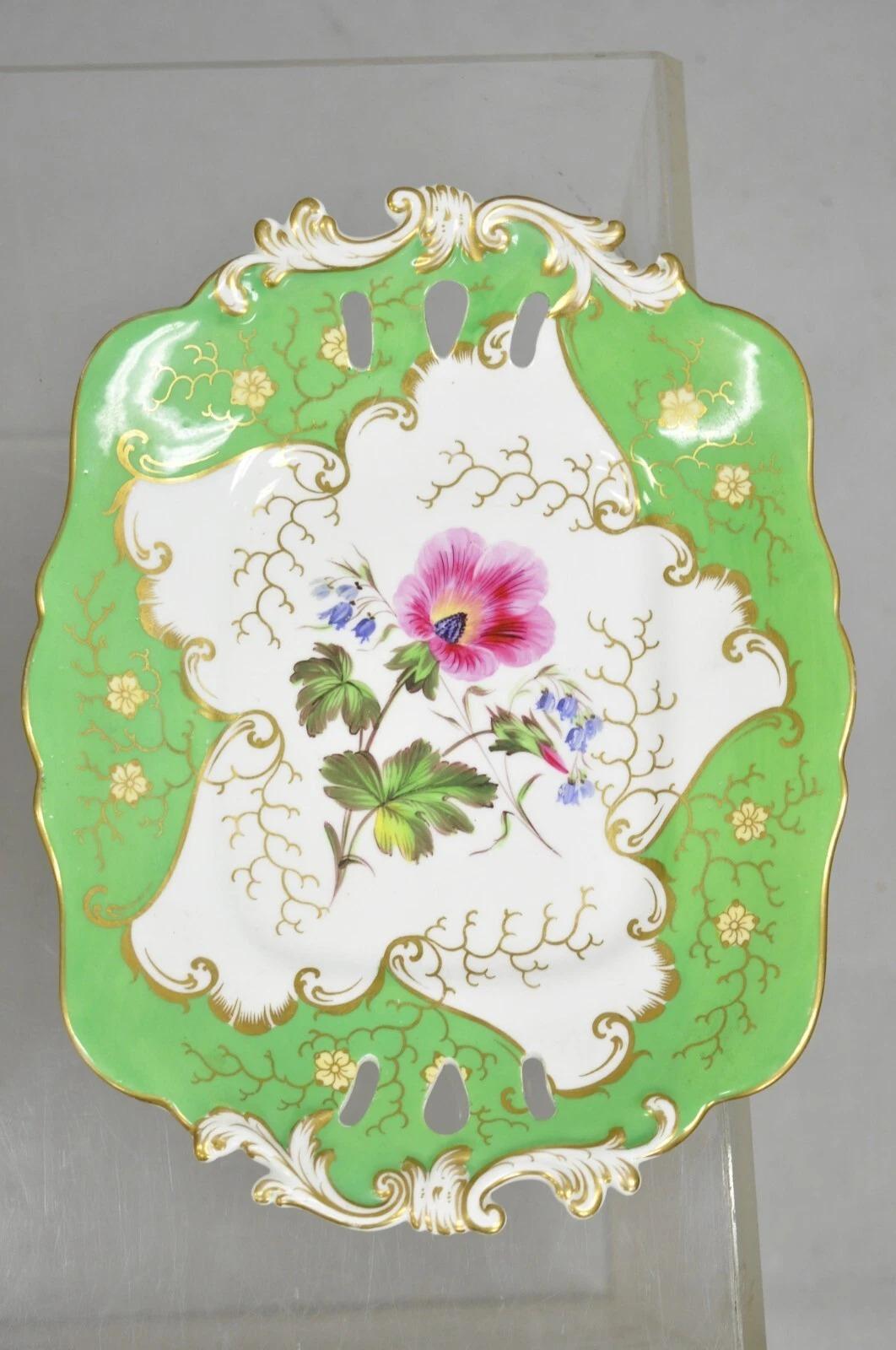 Antique Samuel Alcock Bone China Porcelain Dessert Plate Green w/ Flowers - Pair In Good Condition For Sale In Philadelphia, PA