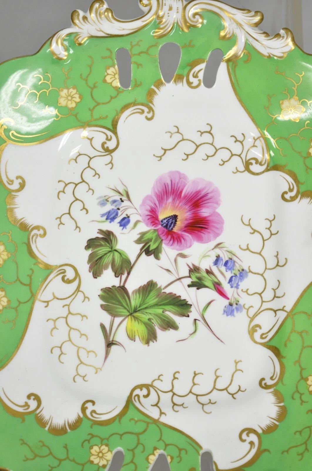 19th Century Antique Samuel Alcock Bone China Porcelain Dessert Plate Green w/ Flowers - Pair For Sale