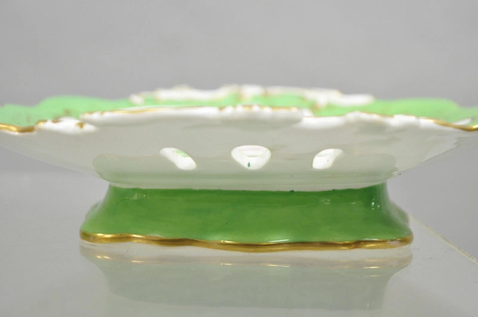 Antique Samuel Alcock Bone China Porcelain Dessert Plate Green w/ Flowers - Pair For Sale 1