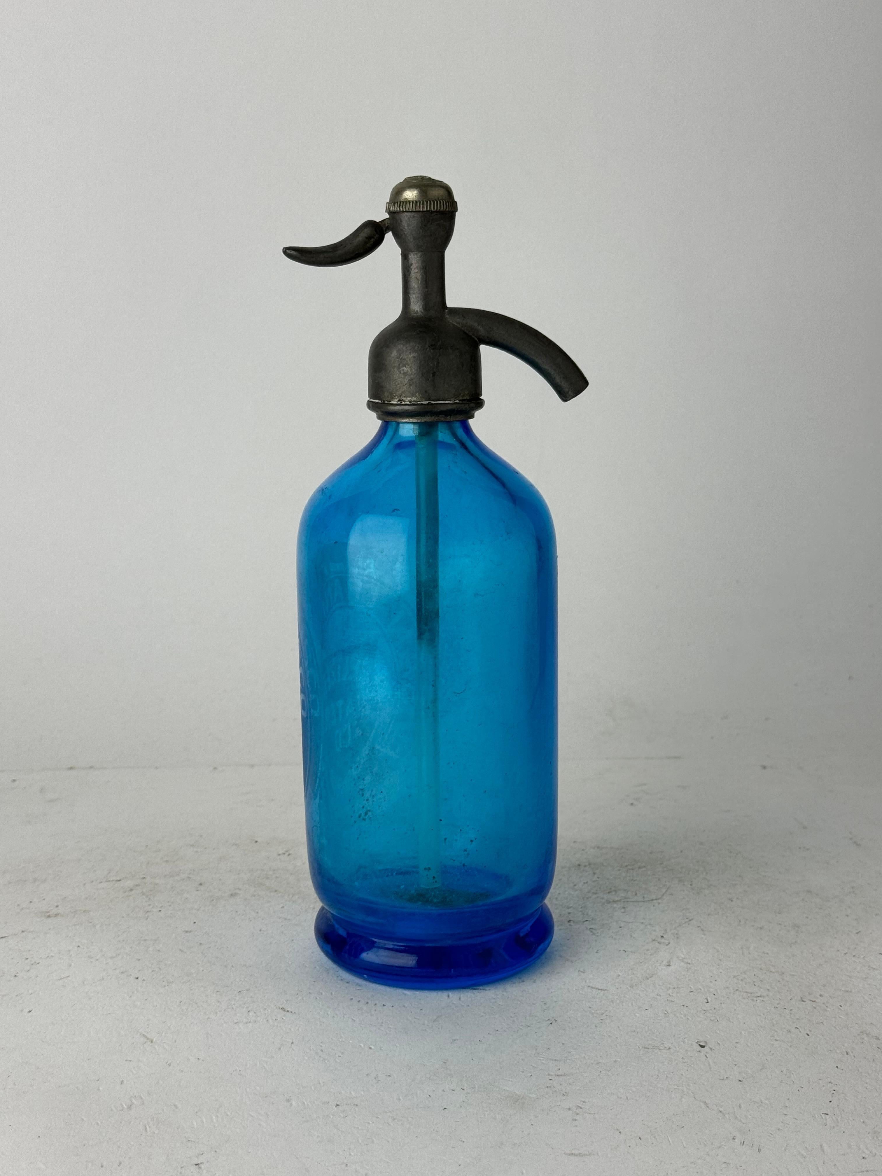 Antike San Francisco Seltzer Water Co. Seltzerflasche aus blauem Glas  (Mitte des 20. Jahrhunderts) im Angebot