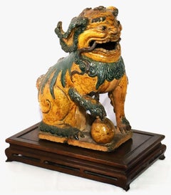 Antique Sancai Style Glazed Ceramic Chinese Foo Dog on Wooden Stand