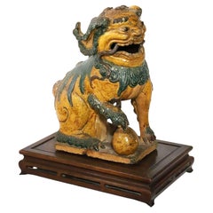 Antique Sancai Style Glazed Ceramic Chinese Foo Dog on Wooden Stand