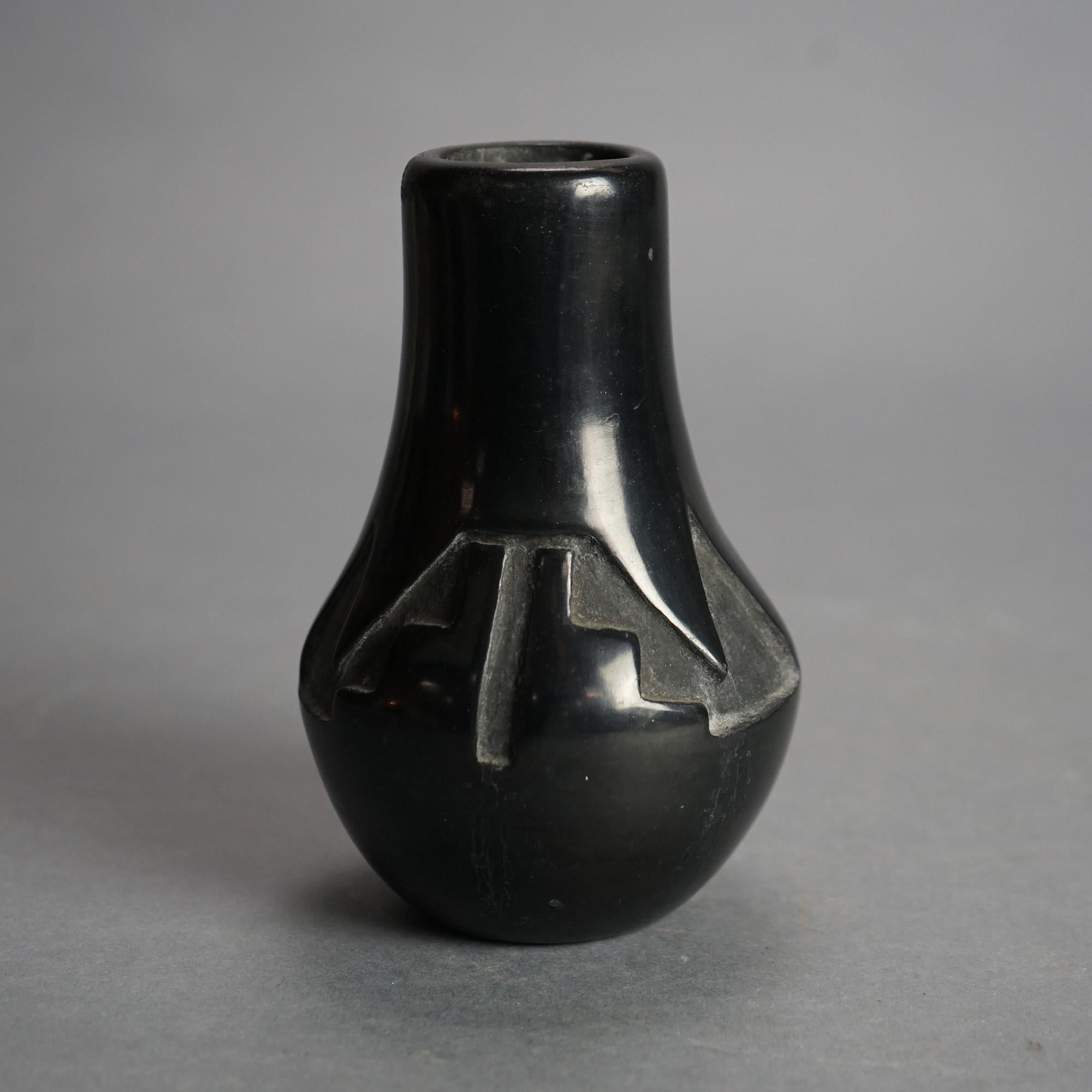 North American Antique Santa Clara Black on Black Carved  In-Relief Pueblo Pottery C1920 For Sale
