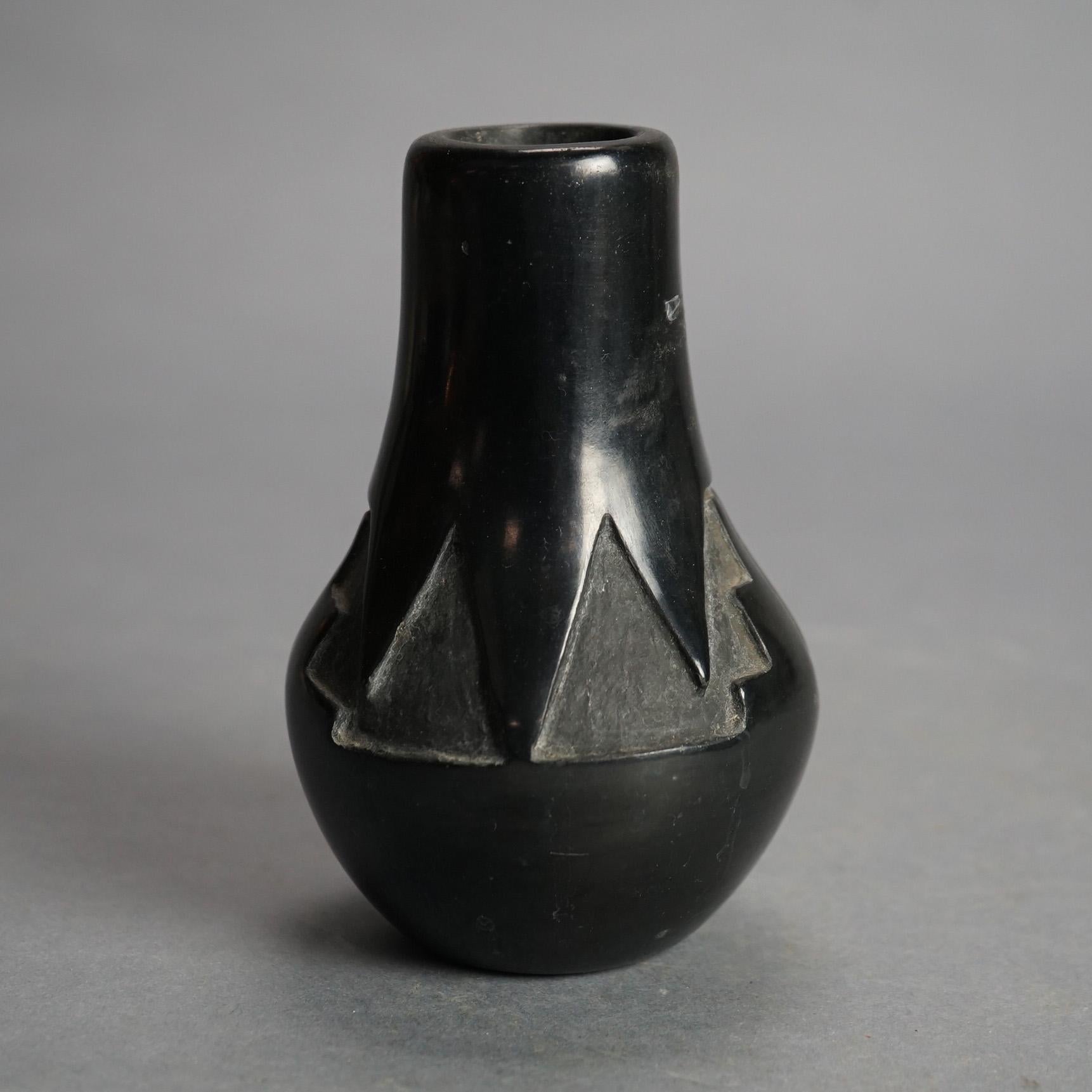 Antique Santa Clara Black on Black Carved  In-Relief Pueblo Pottery C1920 In Good Condition In Big Flats, NY