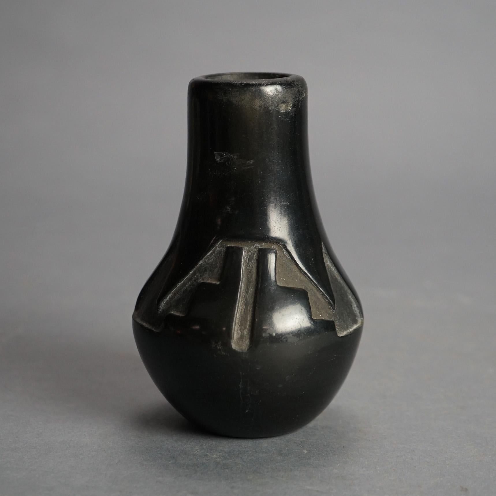 20th Century Antique Santa Clara Black on Black Carved  In-Relief Pueblo Pottery C1920