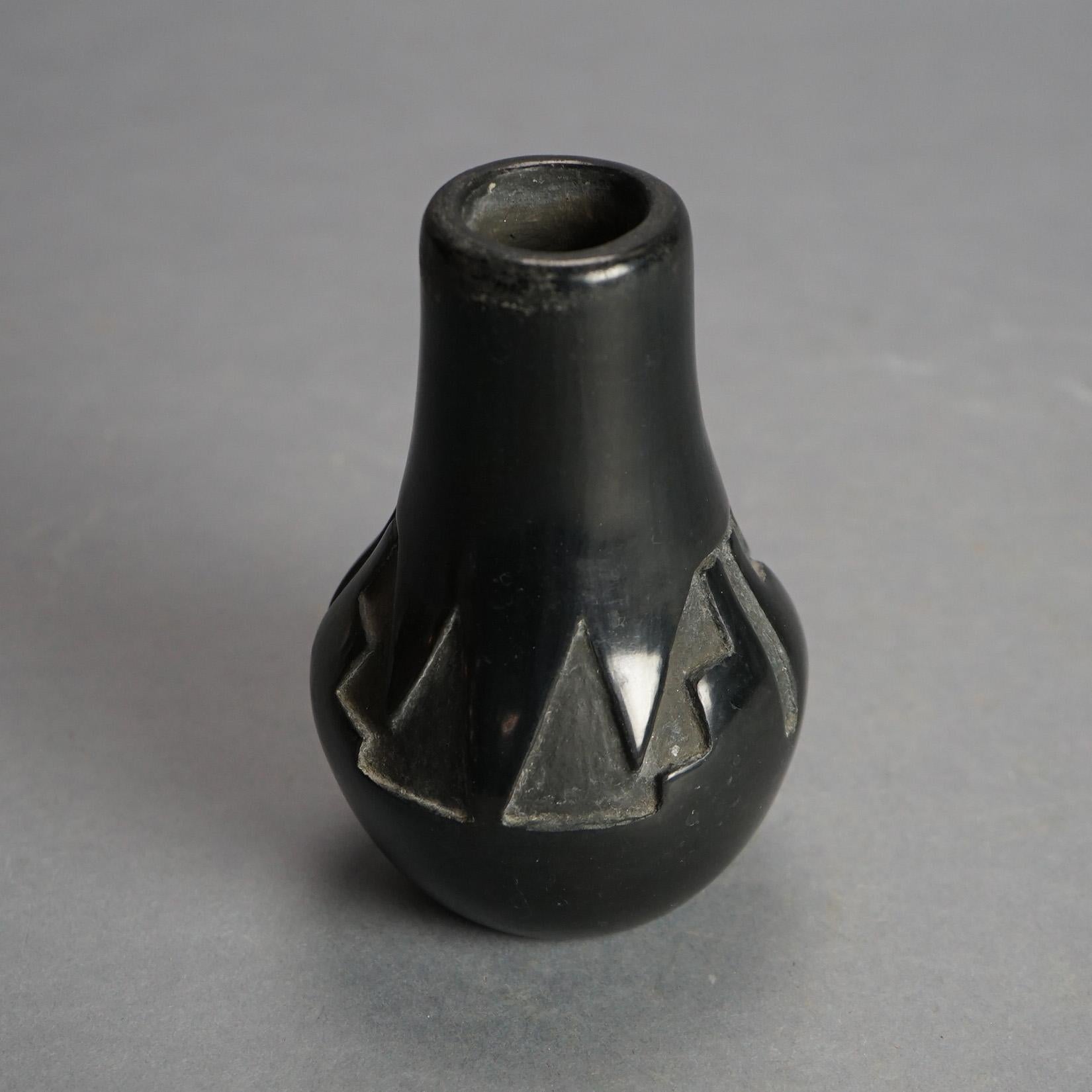 Antique Santa Clara Black on Black Carved  In-Relief Pueblo Pottery C1920 1