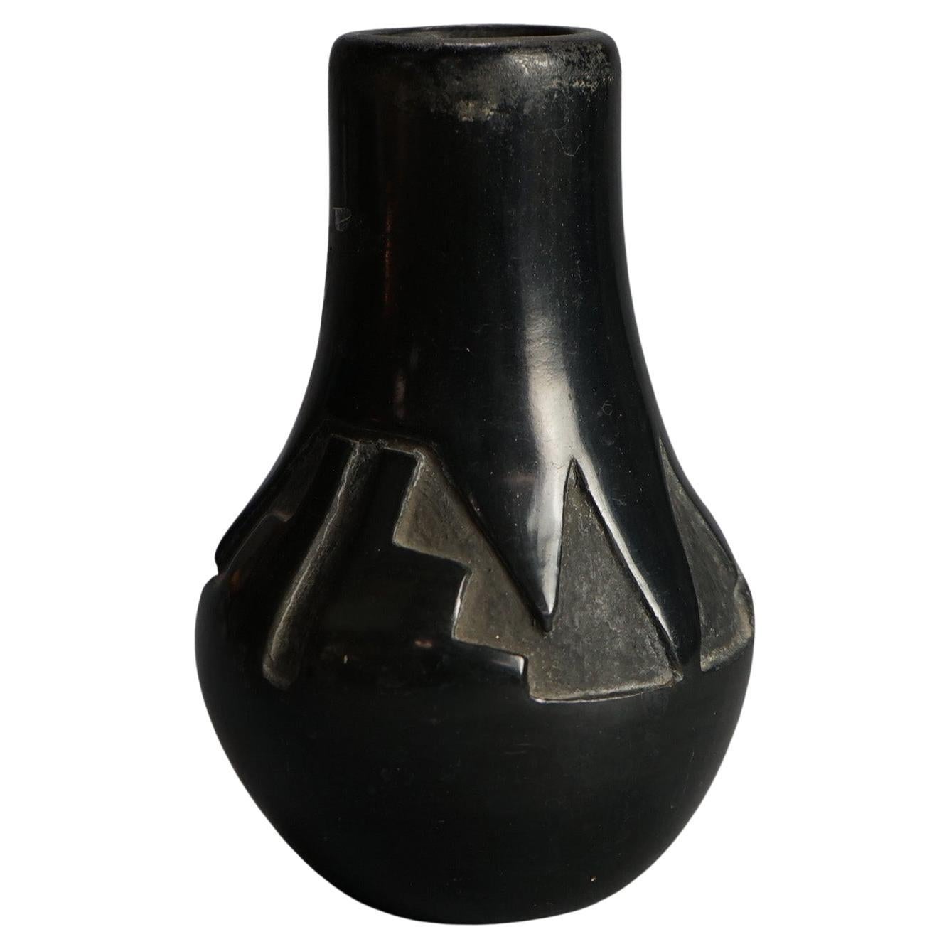 Antique Santa Clara Black on Black Carved  In-Relief Pueblo Pottery C1920 For Sale