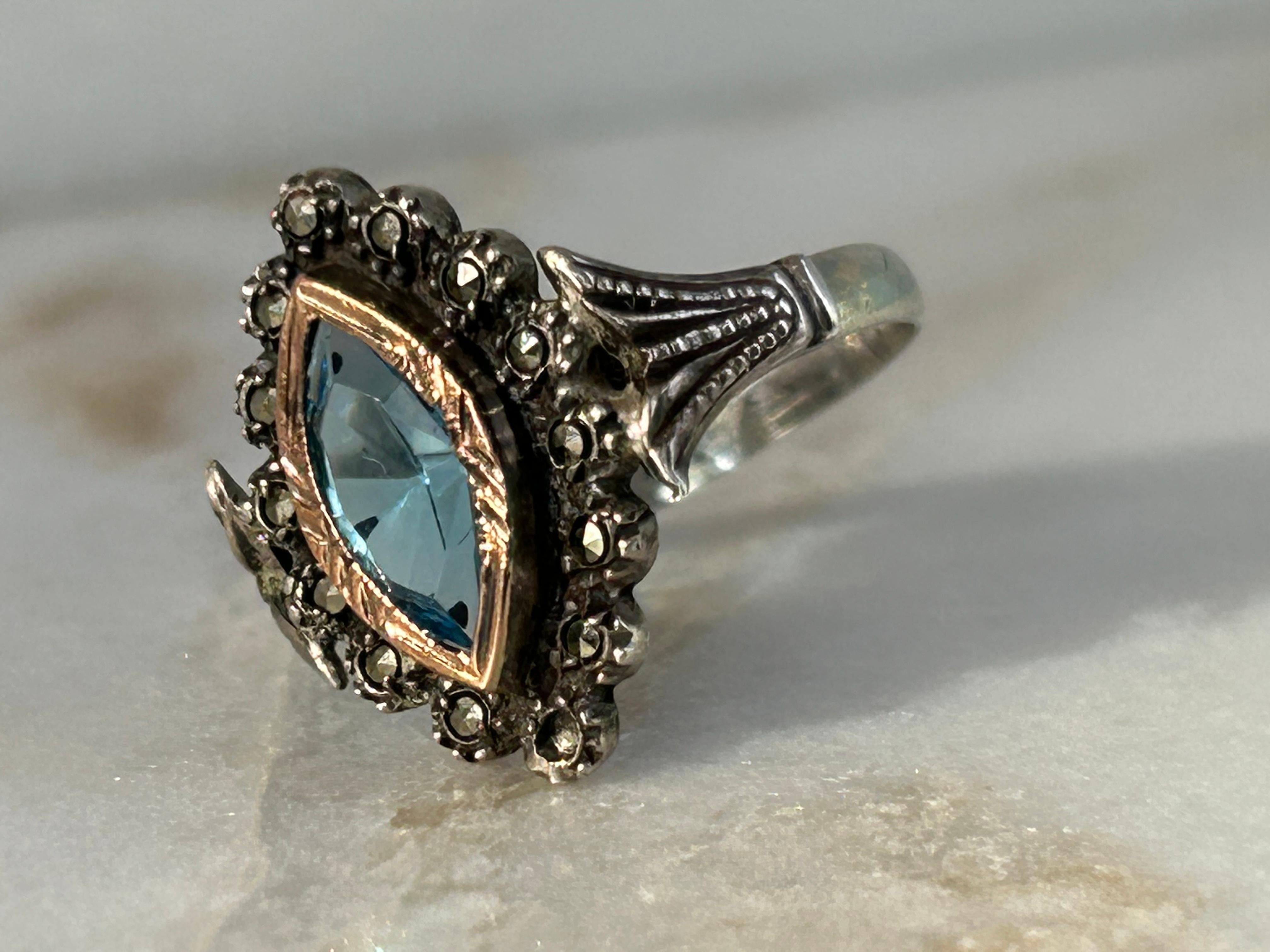 Victorian Antique Santa Maria Aquamarine Marquise 14k Gold Ring For Sale
