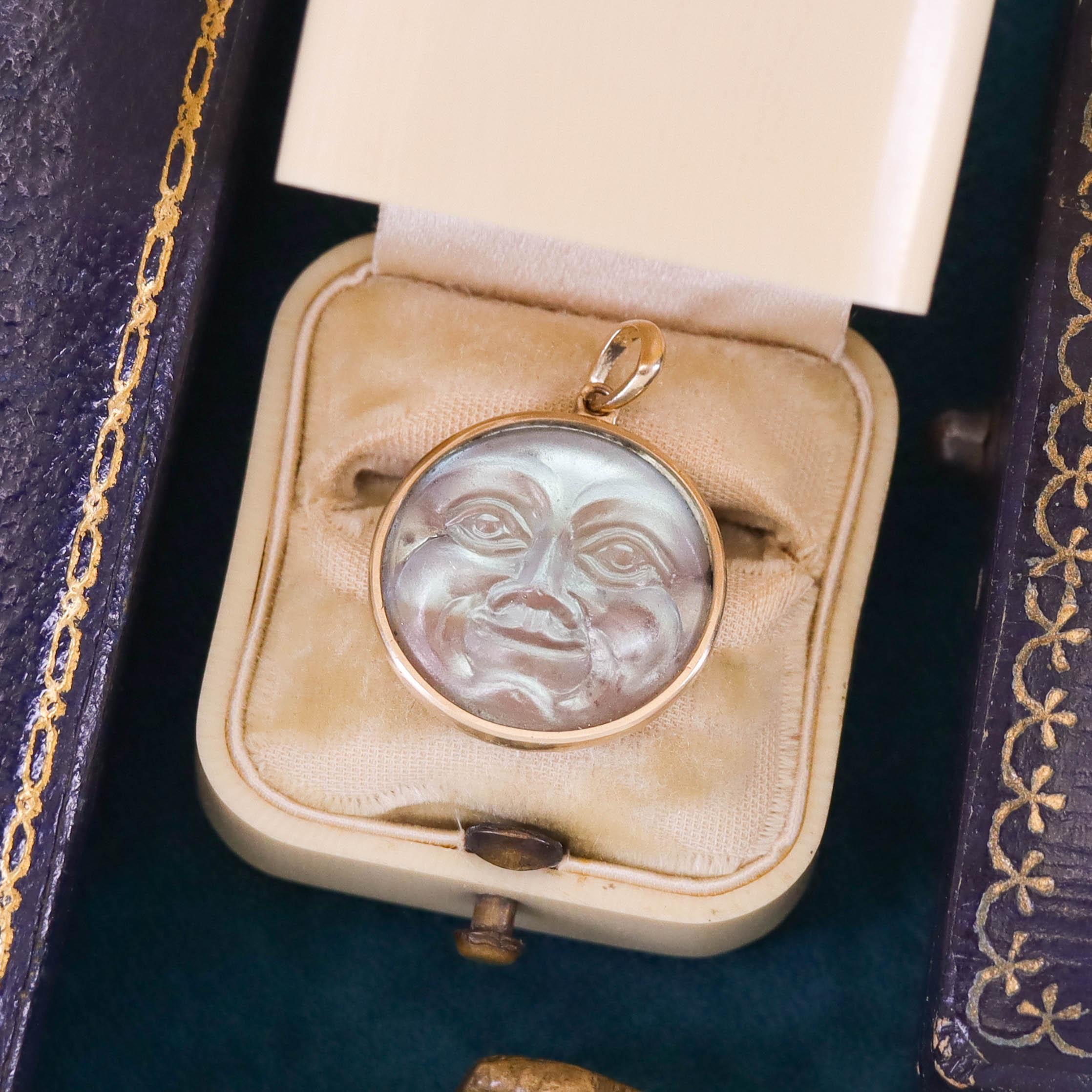 Women's Antique Saphiret Man in the Moon Pendant of 14k Gold For Sale