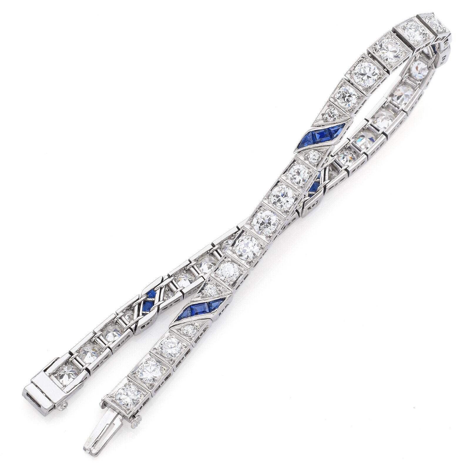 hairline scratch on one sapphire

Weight: 18.2 Grams
Stone: Sapphire (3 mm) & Approx 5.30 TCW (0.03-0.25 ct) I/J SI Old Euro Diamonds
Width: 5 mm
Bracelet Size: 6.75 Inches
Hallmark: Platinum Tested

ITEM #:BR-981-060823-14