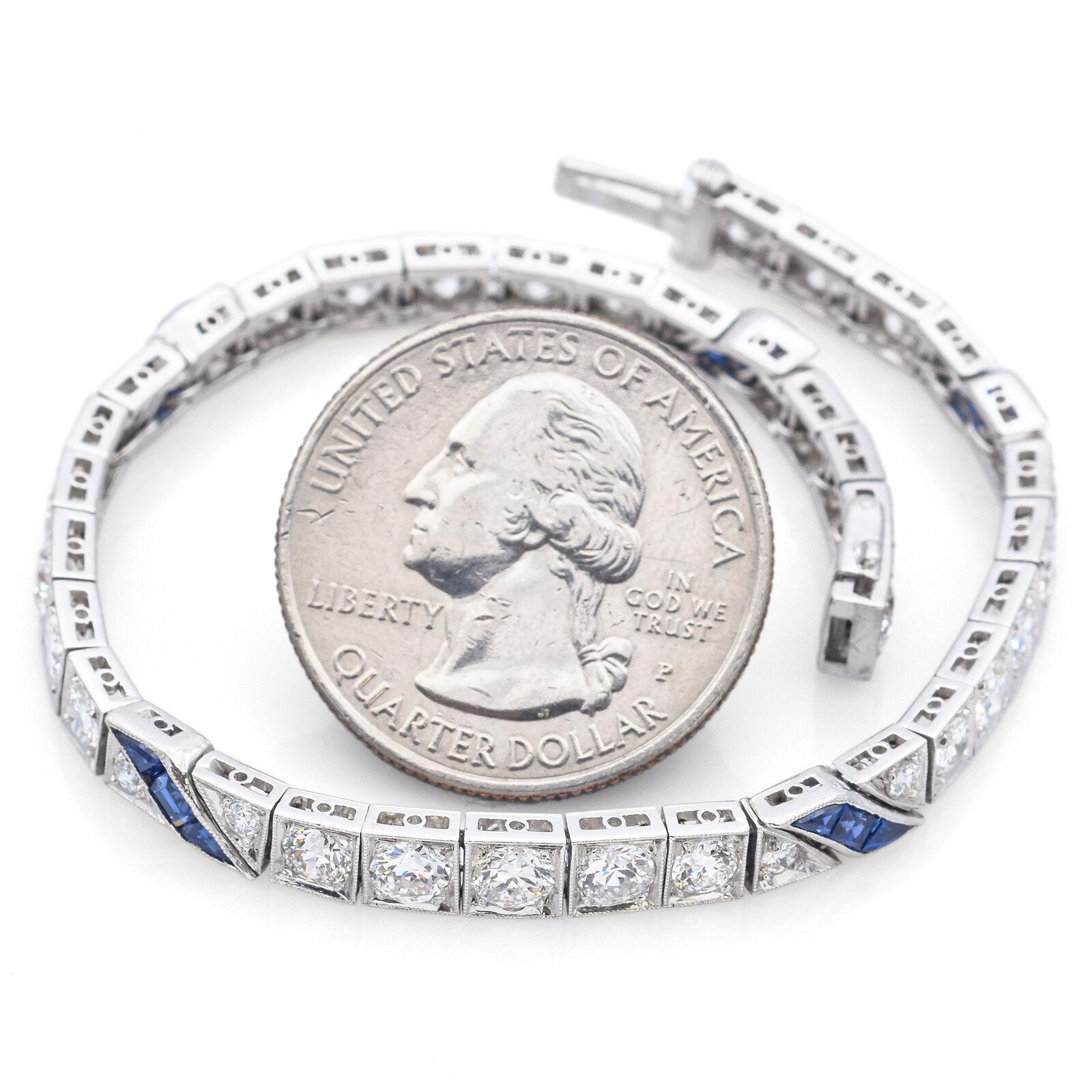 Antique Sapphire & 5.30 TCW Old Euro Diamond Platinum Tennis Bracelet In Good Condition In New York, NY