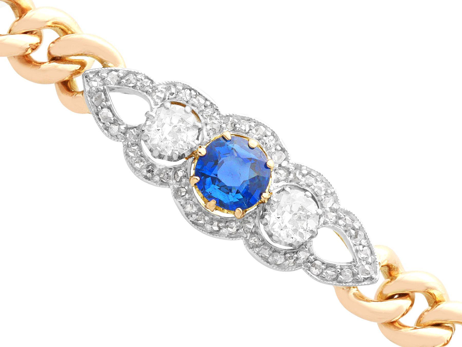 A stunning, fine and impressive antique 0.96 carat sapphire and 1.13 carat diamond, 12 carat yellow gold bracelet; part of our diverse antique jewellery and estate jewelry collections

This stunning, fine and impressive antique sapphire bracelet has