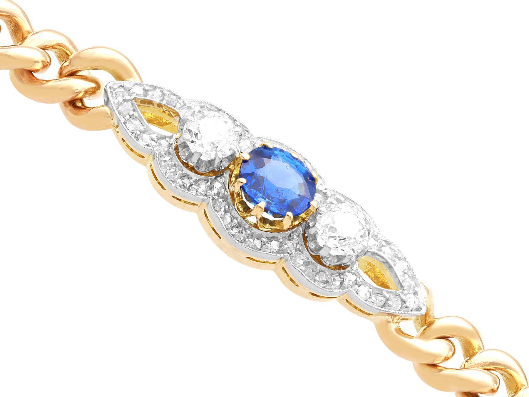 Round Cut Antique 1915 Sapphire and 1.13ct Diamond Yellow Gold Bracelet For Sale