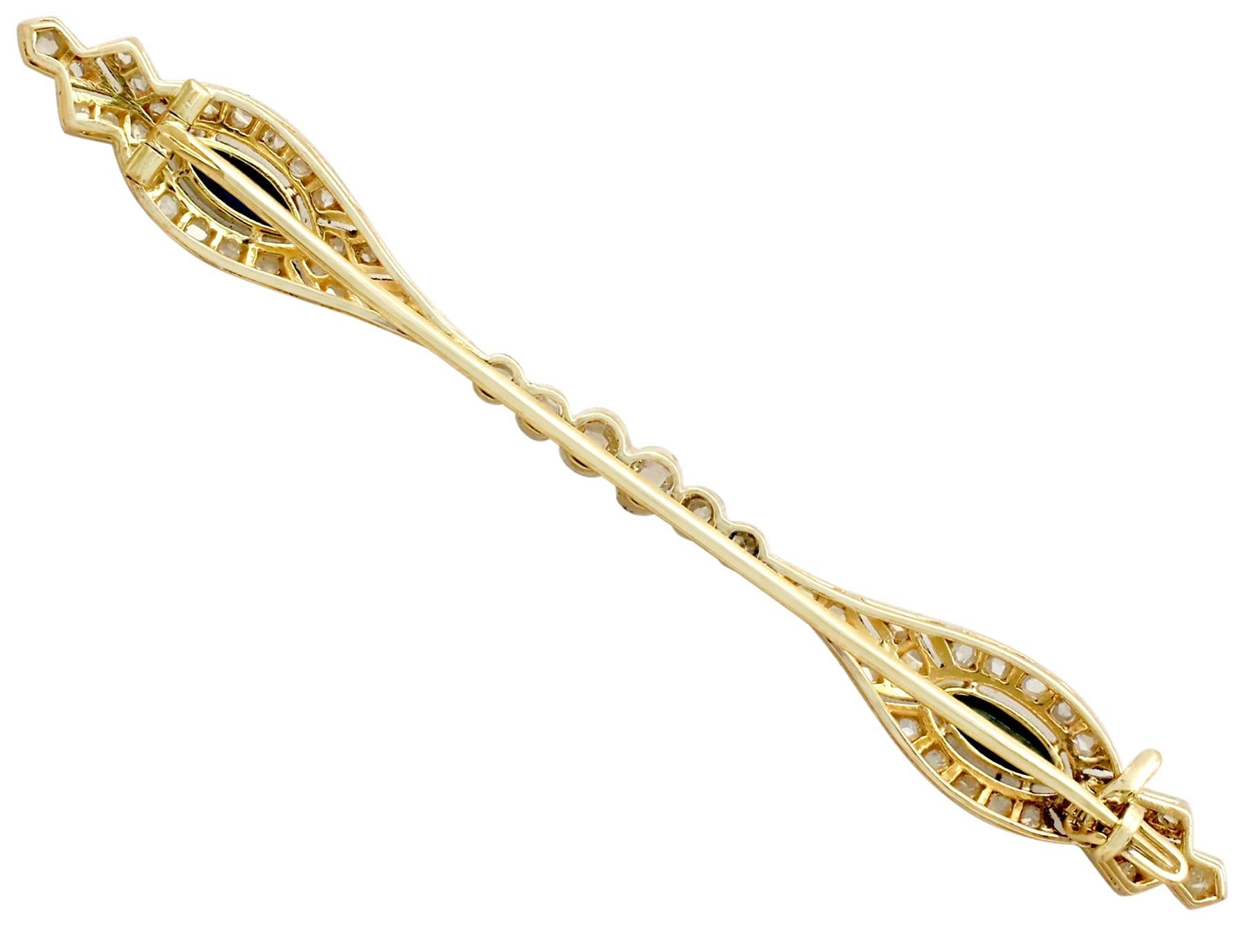 Marquise Cut Antique Sapphire and 1.19 Carat Diamond Yellow Gold Bar Brooch, Circa 1910 For Sale