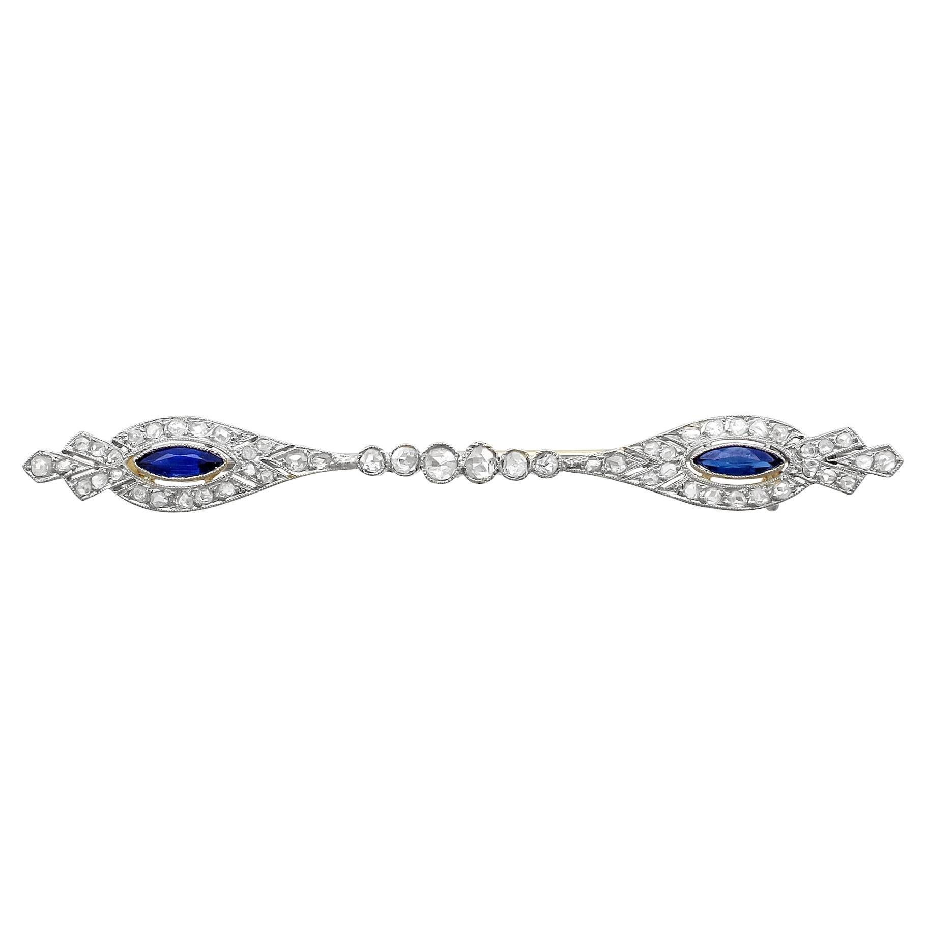 Antique Sapphire and 1.19 Carat Diamond Yellow Gold Bar Brooch, Circa 1910 For Sale