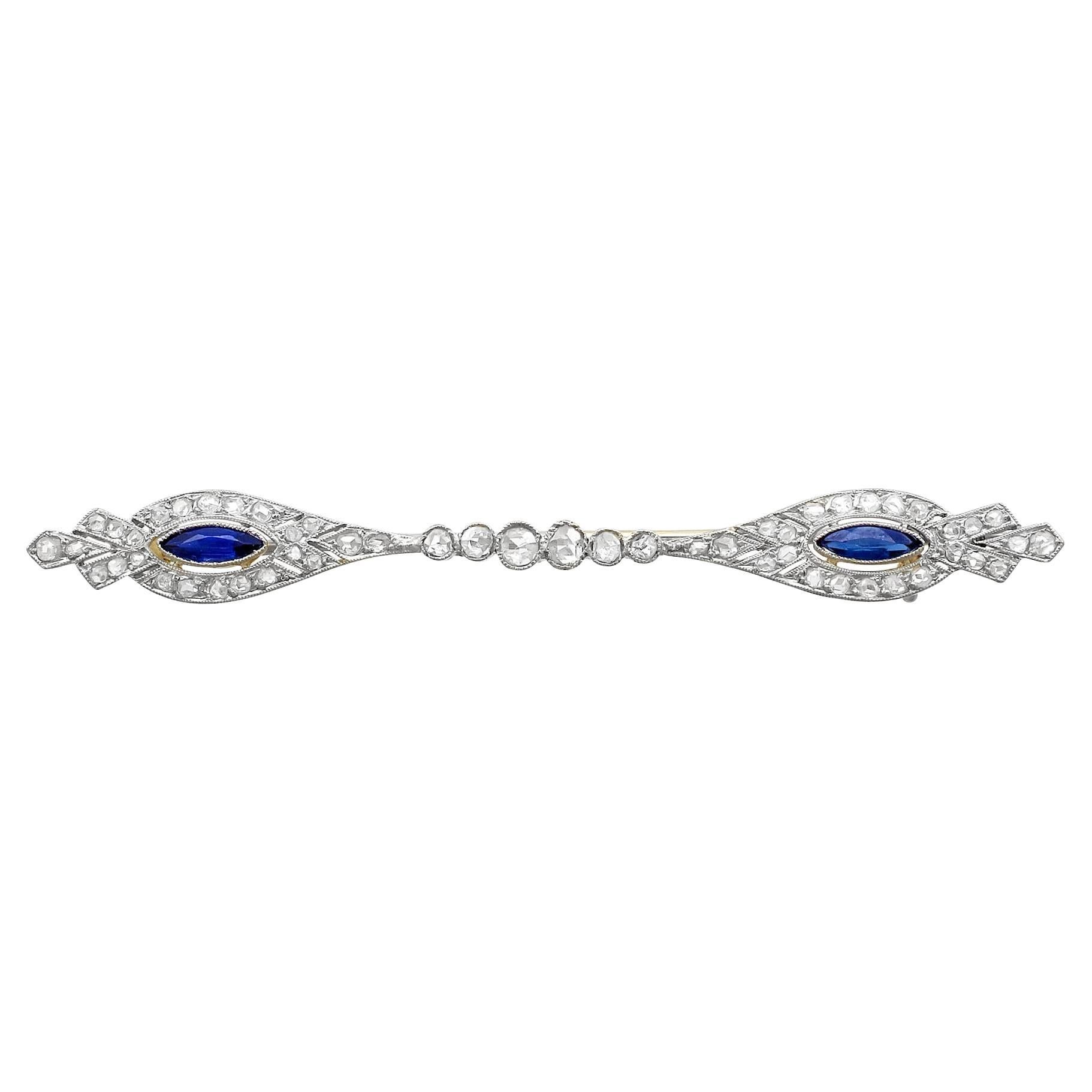 Antique Sapphire and 1.19 Carat Diamond Yellow Gold Bar Brooch, Circa 1910