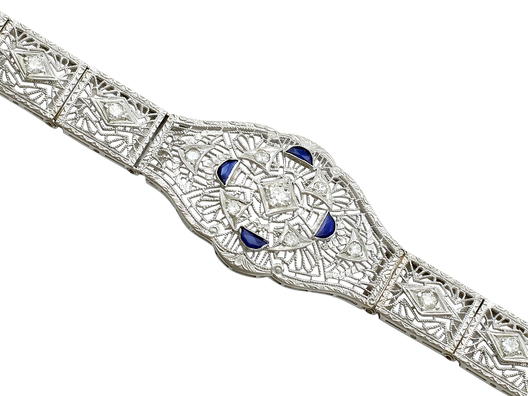 Round Cut 1930s Antique Sapphire and 1.36 Carat Diamond White Gold Bracelet